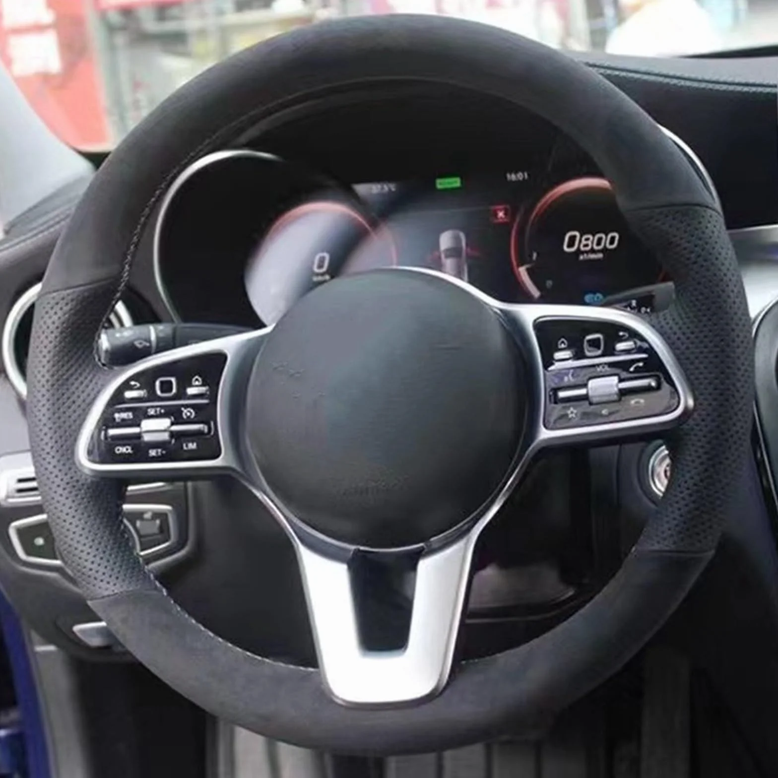 Ochraniacz na kierownicę antypoślizgowy czarny zamszowy pokrowiec na kierownicę samochodu do Mercedesa do Benz klasy A W177 klasy B W247 klasa C W205 klasa CLS Kolor: żółty gwint (czarny gwint)