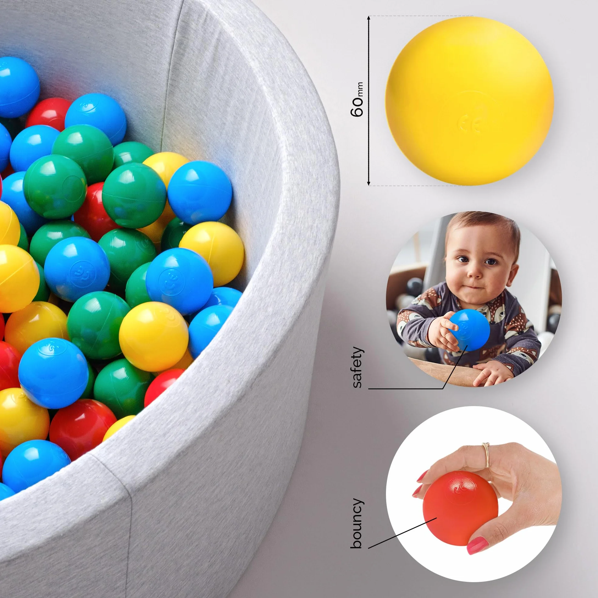 MISIOO Wielokolorowe Kulki do Basenu 100 Sztuk - Ø 6 cm - Plastikowe, Wykonane w 100% z LDPE - Zabawka Niemowlęca - Czerwono/Zielono/Niebiesko/Żółte