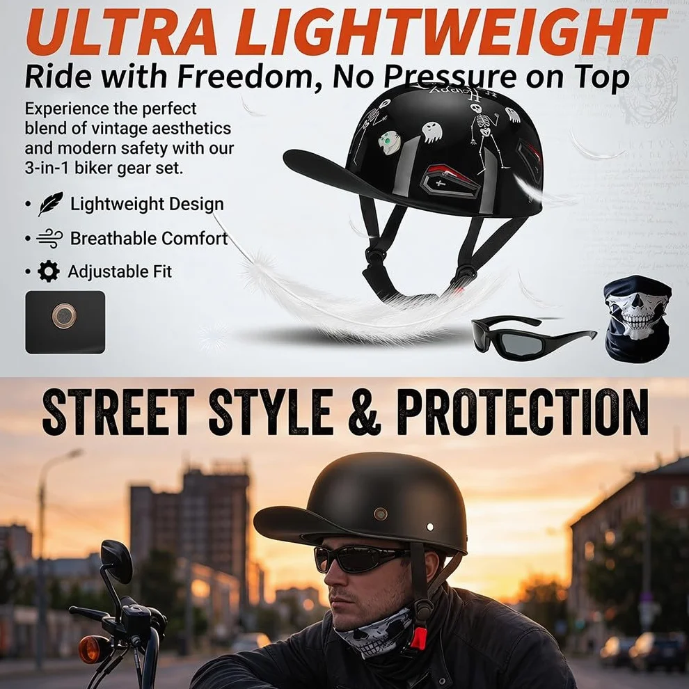 Kask Jet Motocyklowy Czapka z Daszkiem ECE Certified 57-62cm