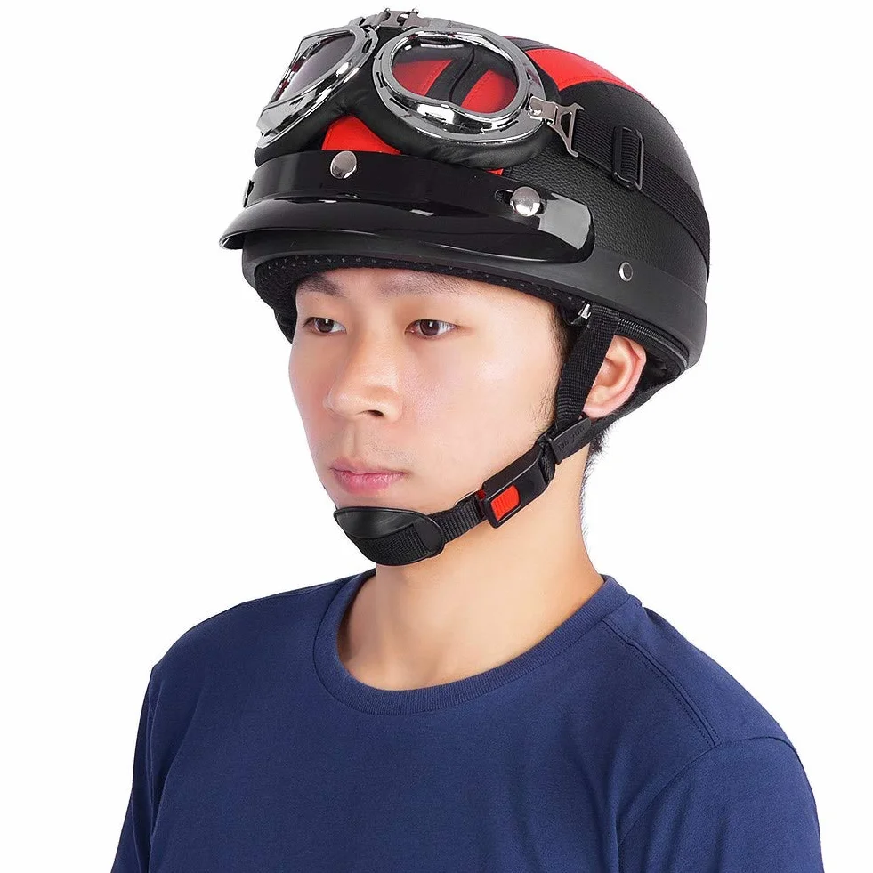 Kask skórzany półotwarty, do hulajnogi, z okularami z wizjerem UV, półotwarty, uniwersalny kask motocyklowy (czerwony)