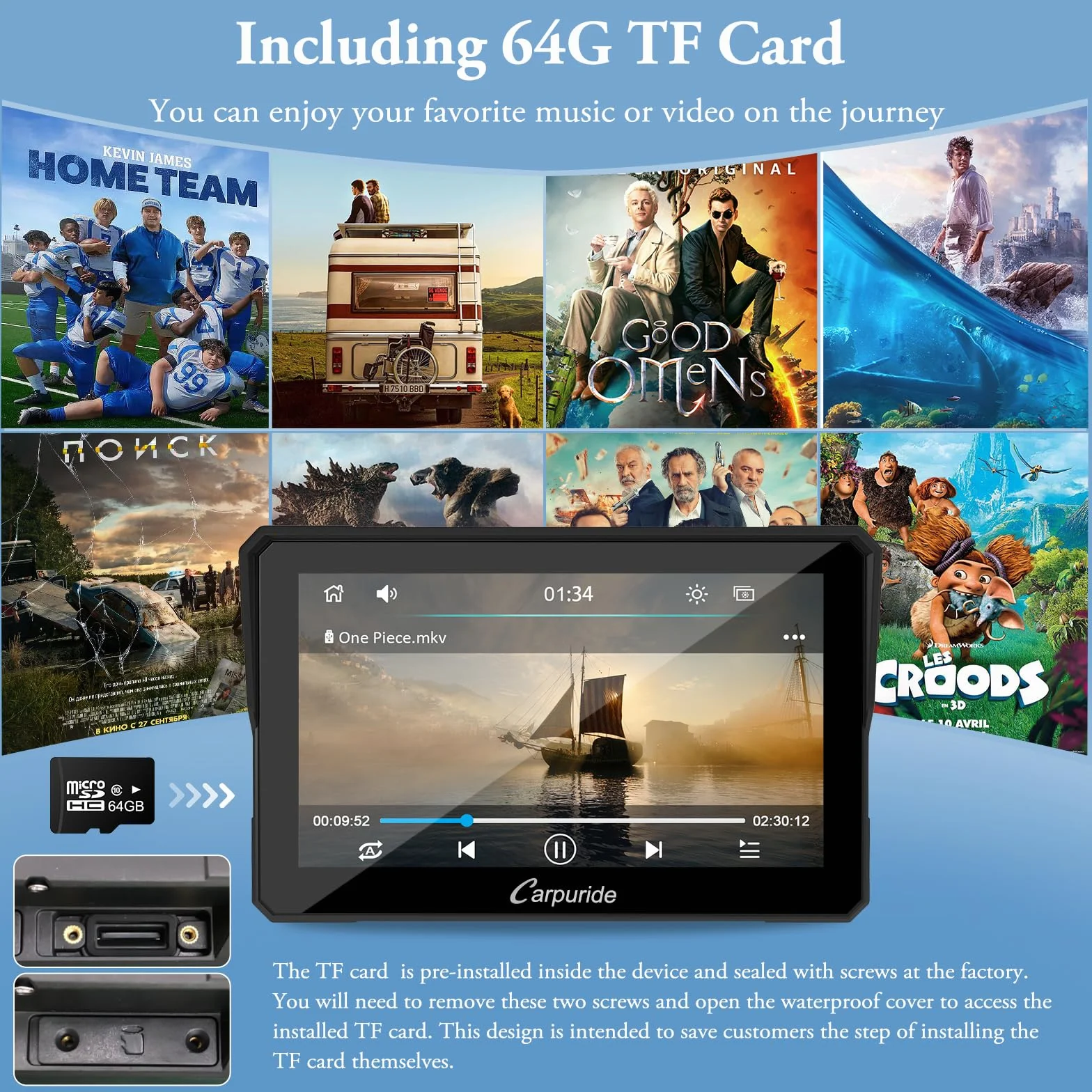 Carpuride W502 Wireless Carplay Android Auto przenośny ekran dotykowy 5 cali nawigacja GPS Bluetooth wodoodporny IP67 motocykl stereo 64GB