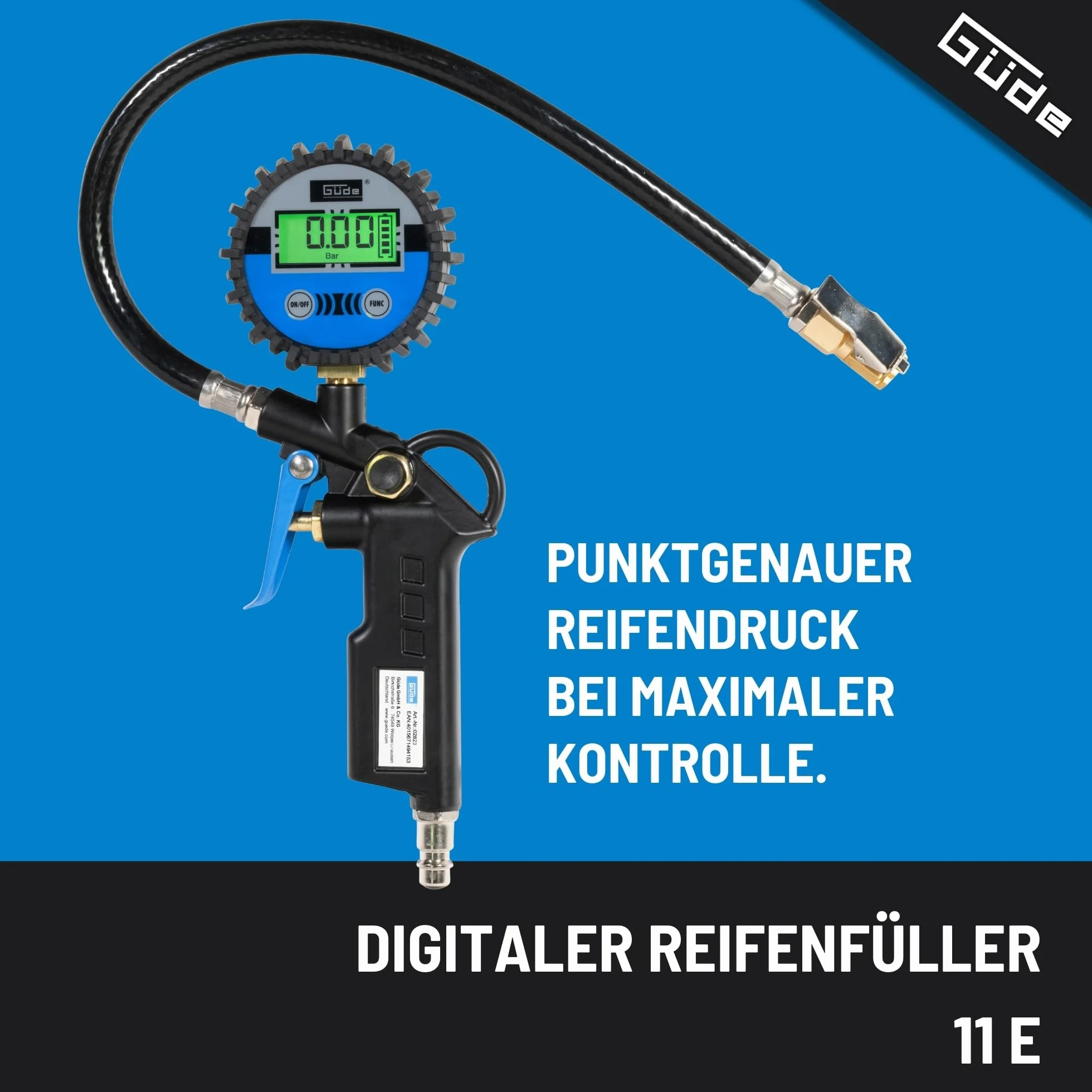 Güde Cyfrowa sprężarka do opon 11 E (ciśnienie robocze maks. 7 bar, 4-cyfrowy wyświetlacz w barach, psi, kPa, kgf/cm², automatyczne wyłączanie, złączka przyłączeniowa, zawór spustowy powietrza