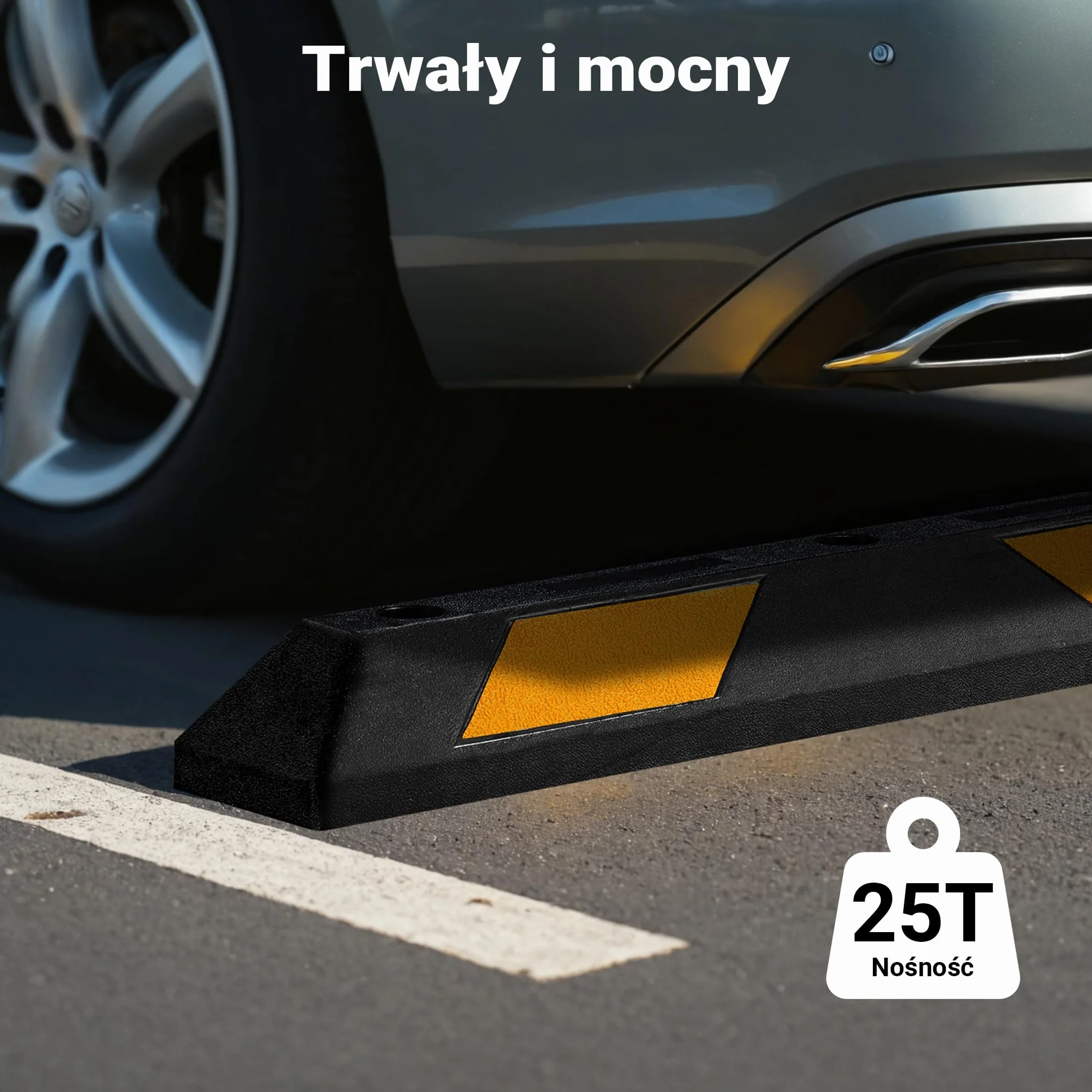 Wiltec Ogranicznik parkingowy 2 szt. 90 x 15 x 10 cm czarny z żółtą taśmą odblaskową, odbojnik gumowy do garażu i parkingu