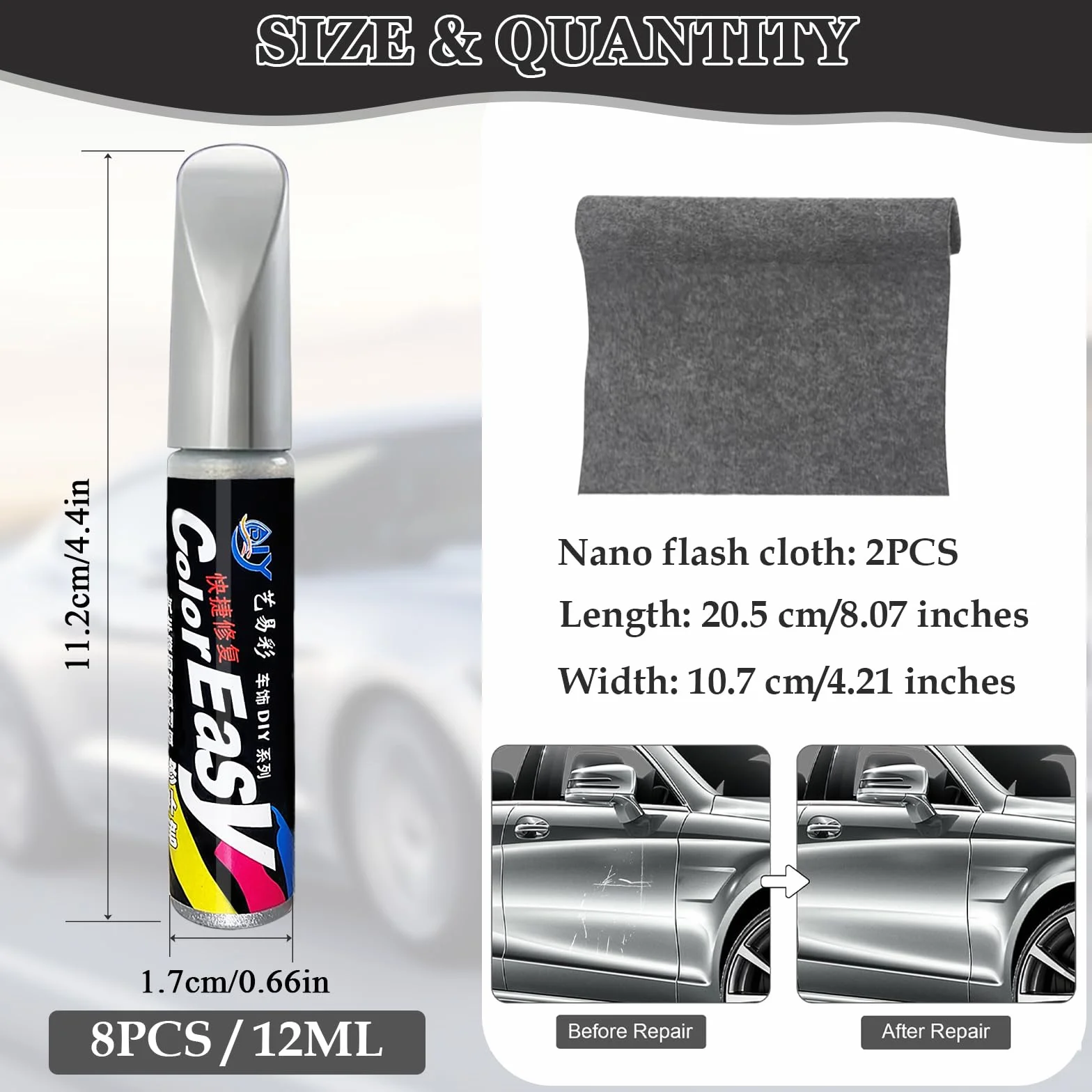 VINEST 8 sztuk pisaków do lakieru samochodowego 12 ml srebrnych metalicznych błyszczące z 2 ściereczkami nano Sparkle