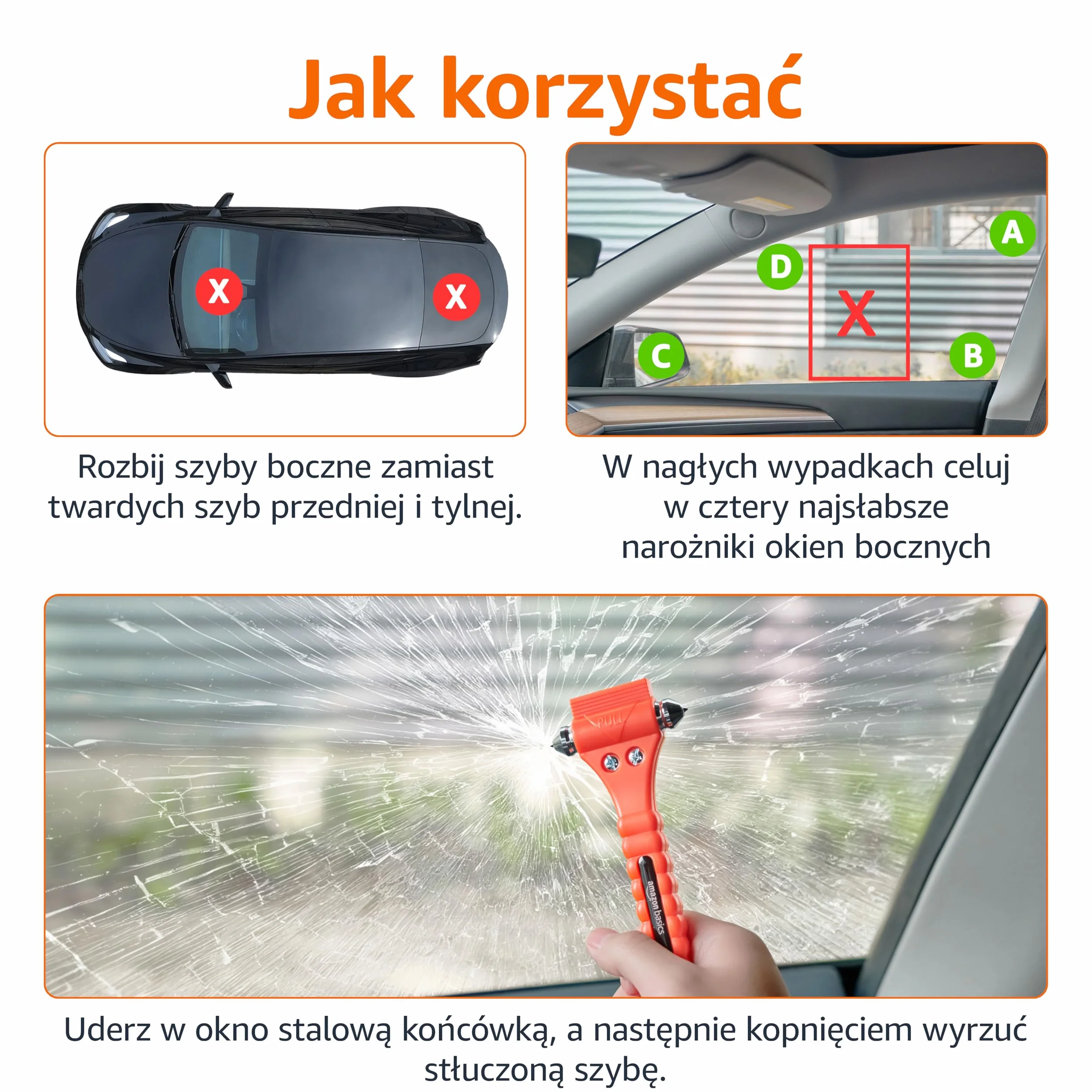 Amazon Basics Przecinak do pasów bezpieczeństwa i młotek do szyb, opakowanie 2 sztuk
