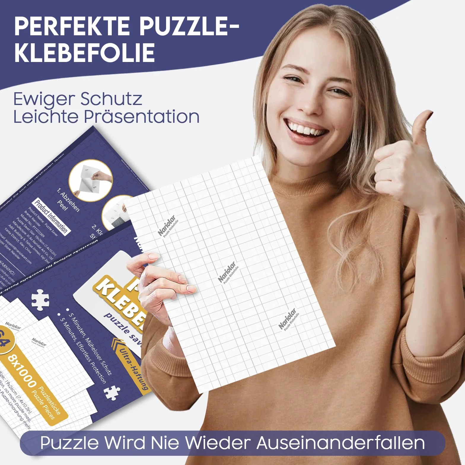 Nariolar Ultra-przyczepna folia samoprzylepna, 64 super klej do puzzli, do otrzymania 8 x 1000 elementów i do ochrony puzzli w ciągu zaledwie kilku minut