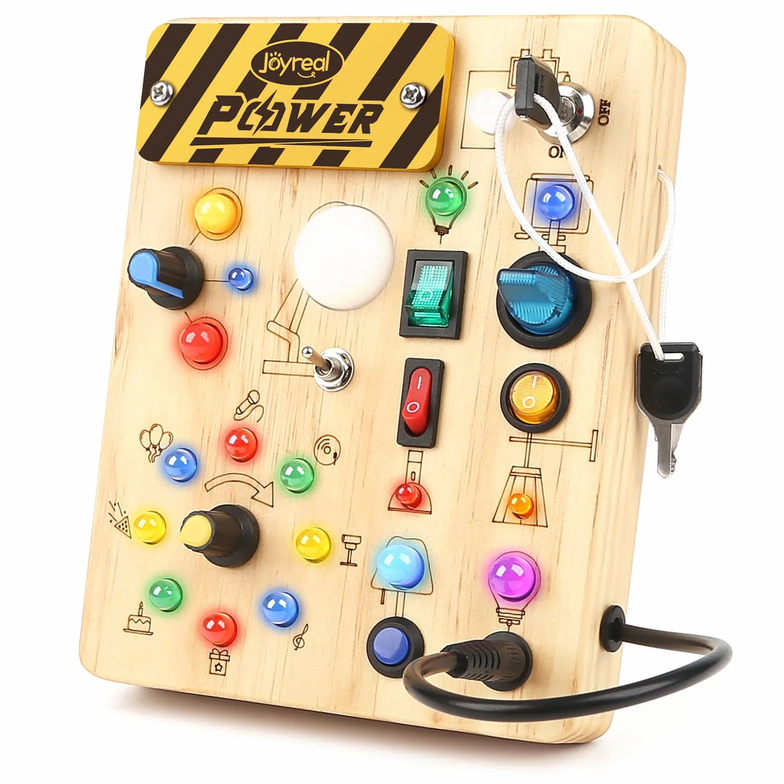 Joyreal Busy Board Baby Montessori zabawka dla dzieci od 1 roku życia, zabawka motoryczna z 19 diodami LED, zabawka sensoryczna, drewniana zabawka edukacyjna, prezent dla chłopców i dziewczynek od 1