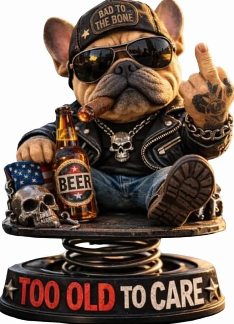 Too Old to Care Dashboard Bobblehead, interesujący buldog jako dekoracja samochodowa, zabawna dekoracja deski rozdzielczej samochodu w kształcie psa ze sprężynową podstawą, bobbleheady na deskę