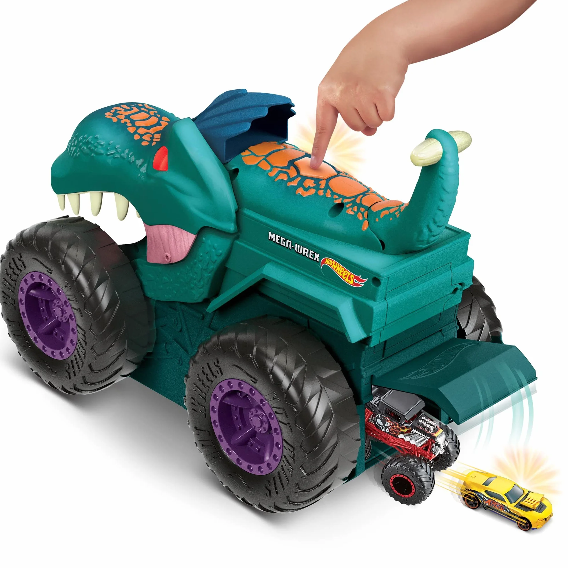 Hot Wheels Monster Trucks Pożeracz aut Mega Wrex Duży pojazd ze światełkami i efektami dźwiękowymi, „pożera” i „wypuszcza” metalowe autka i Monster Trucki w skali 1:64, od 4 roku życia, GYL13