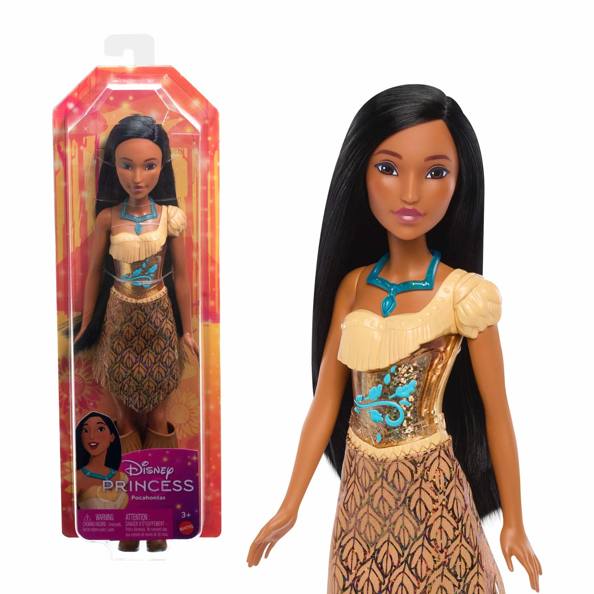 Mattel Księżniczka Disneya Pocahontas Lalka z punktami zgięcia, błyszczącym ubrankiem i akcesoriami inspirowanymi filmem Disneya, prezent dla dzieci HLW07