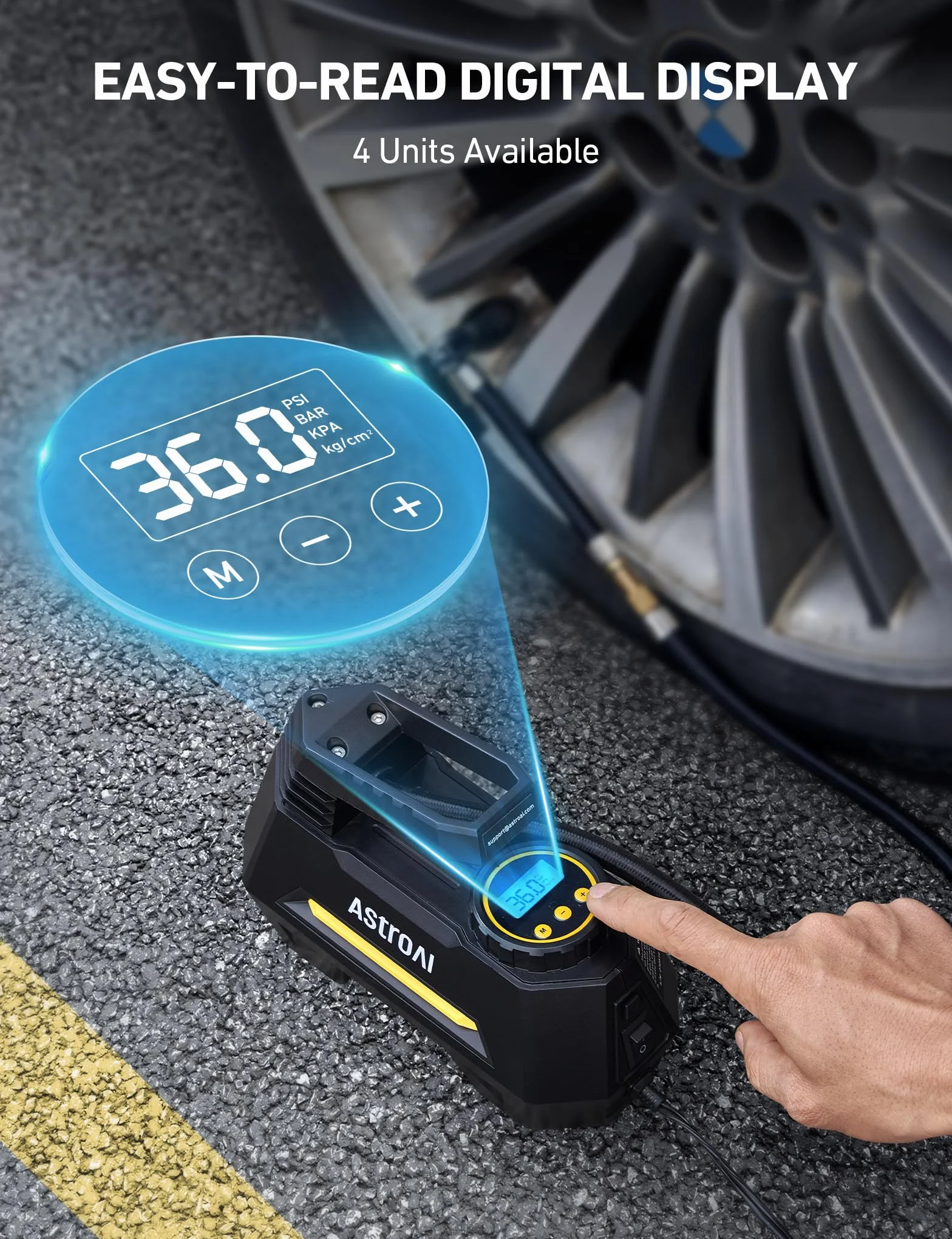 AstroAI Samochodowa pompka powietrza elektryczna cyfrowa przenośna 12 V DC ekran LCD