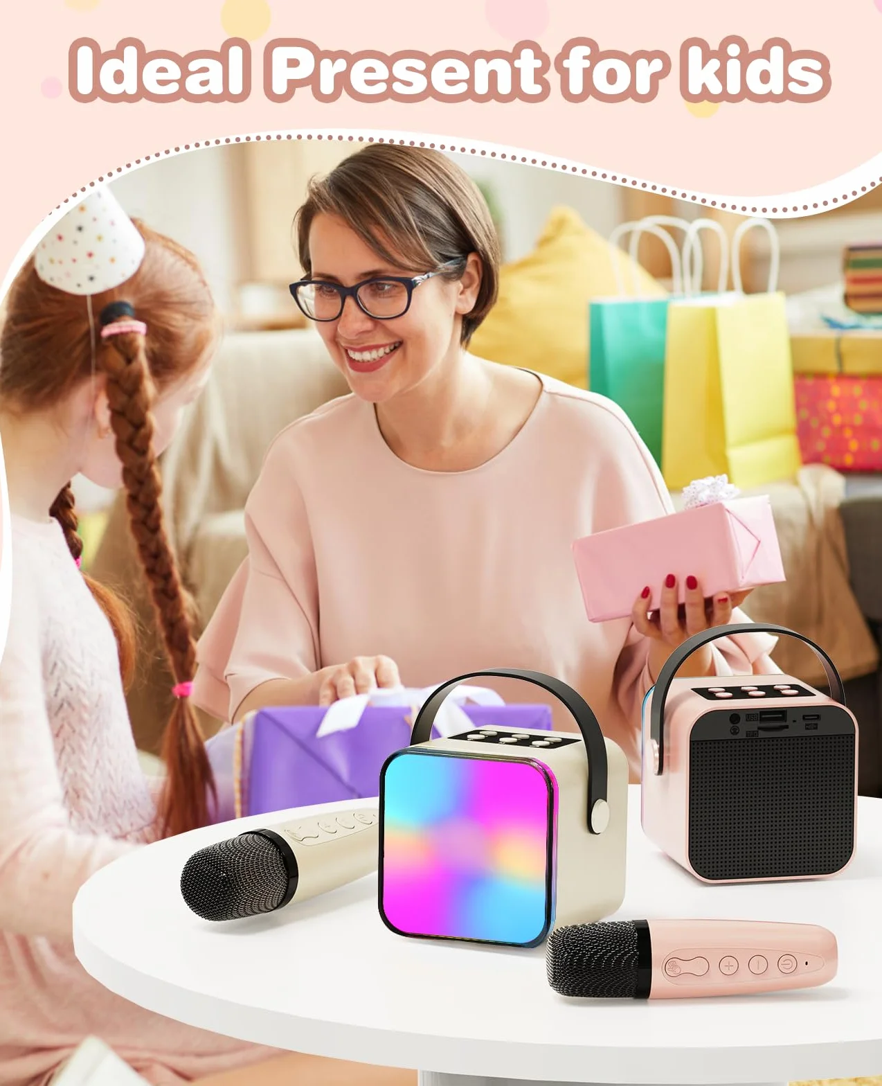 Mikrofon dla dzieci, mikrofon do karaoke z mikrofonem dla dzieci dorosłych głośnik Bluetooth z mikrofonem ze światłami LED, przenośny prezent na przyjęcie domowe prezent urodzinowy dla