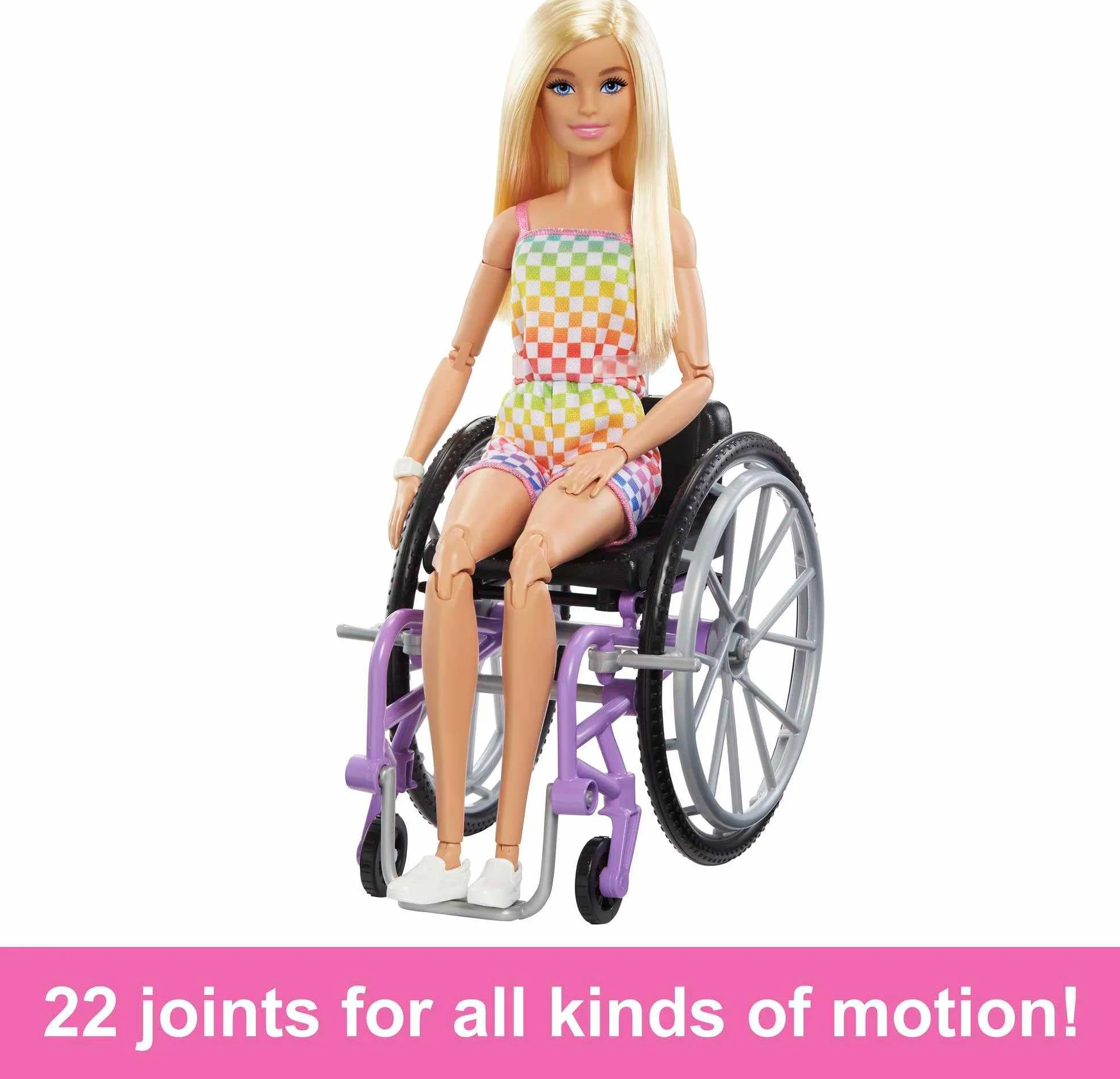 Barbie Fashionistas Lalka (blondynka) w tęczowym kombinezonie, z wózkiem inwalidzkim i rampą, zabawki i prezenty dla dzieci, HJT13