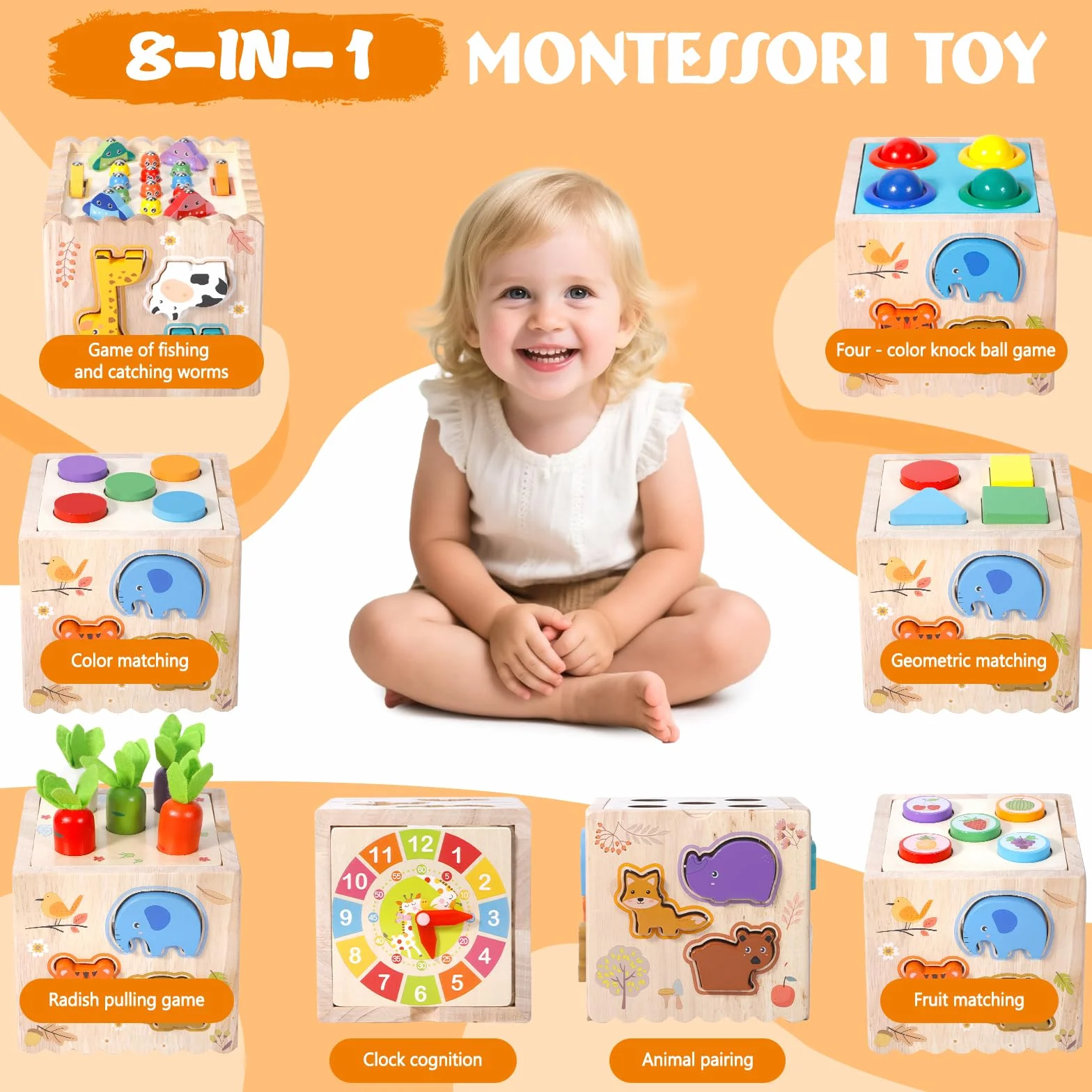 Montessori zabawka motoryczna 8 w 1, drewniana zabawka dla dzieci, dla chłopców i dziewczynek, 1 rok