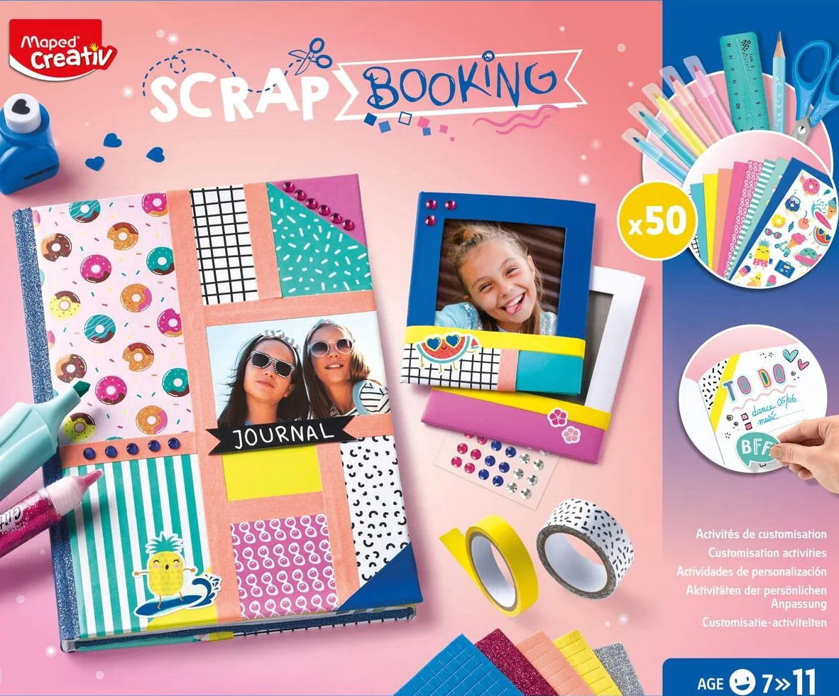 Maped Creativ - Scrapbooking - Kompletny zestaw aktywności, z ponad 50 akcesoriami i materiałami Maped, w tym 1 notatnikiem i 2 polaroidowymi ramkami do zdjęć do dekoracji - od 7 lat