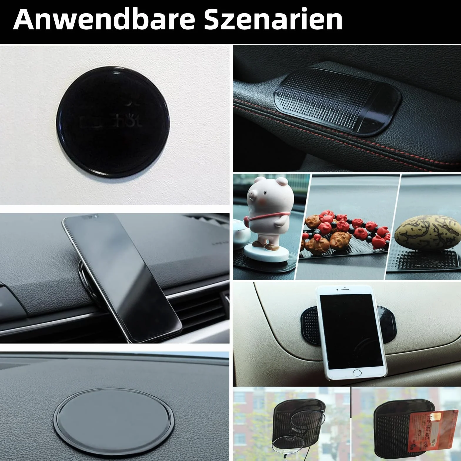 Mooshy 6 sztuk mat antypoślizgowych do samochodu, mata do telefonu komórkowego, nadaje się do prania, nano-żelowa podkładka, dwustronne, czarne