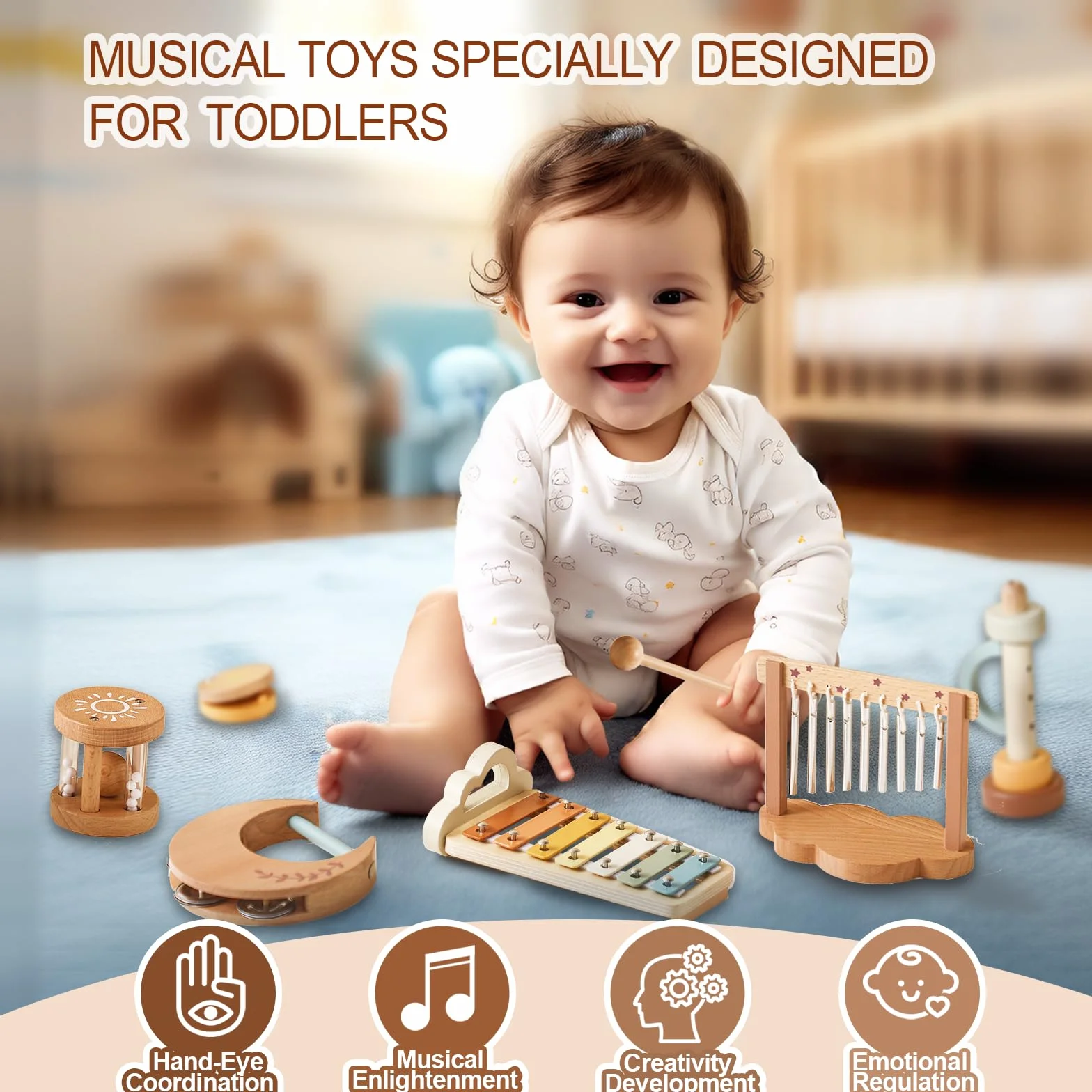 instrumenty muzyczne dla dzieci od 1, 2, 3 lat, Montessori muzyka dla niemowląt, zestaw muzycznych zabawek drewnianych z xylofonem, flety, kastaniety, prezent dla dziewczynek, chłopców