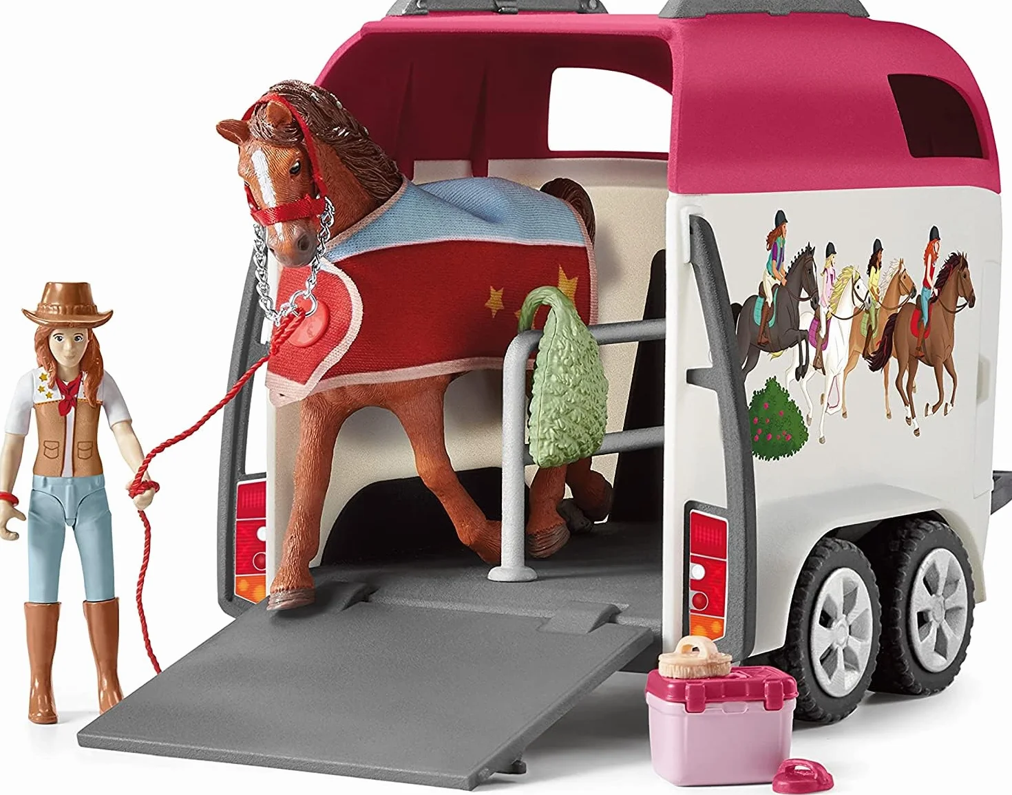 schleich HORSE CLUB | Podróż samochodem z przyczepą dla koni 42535 | z Hannah, tatą, koniem i akcesoriami | Prezent dla dziewczynek i chłopców | Zestaw konny od 5 lat | 110 elementów