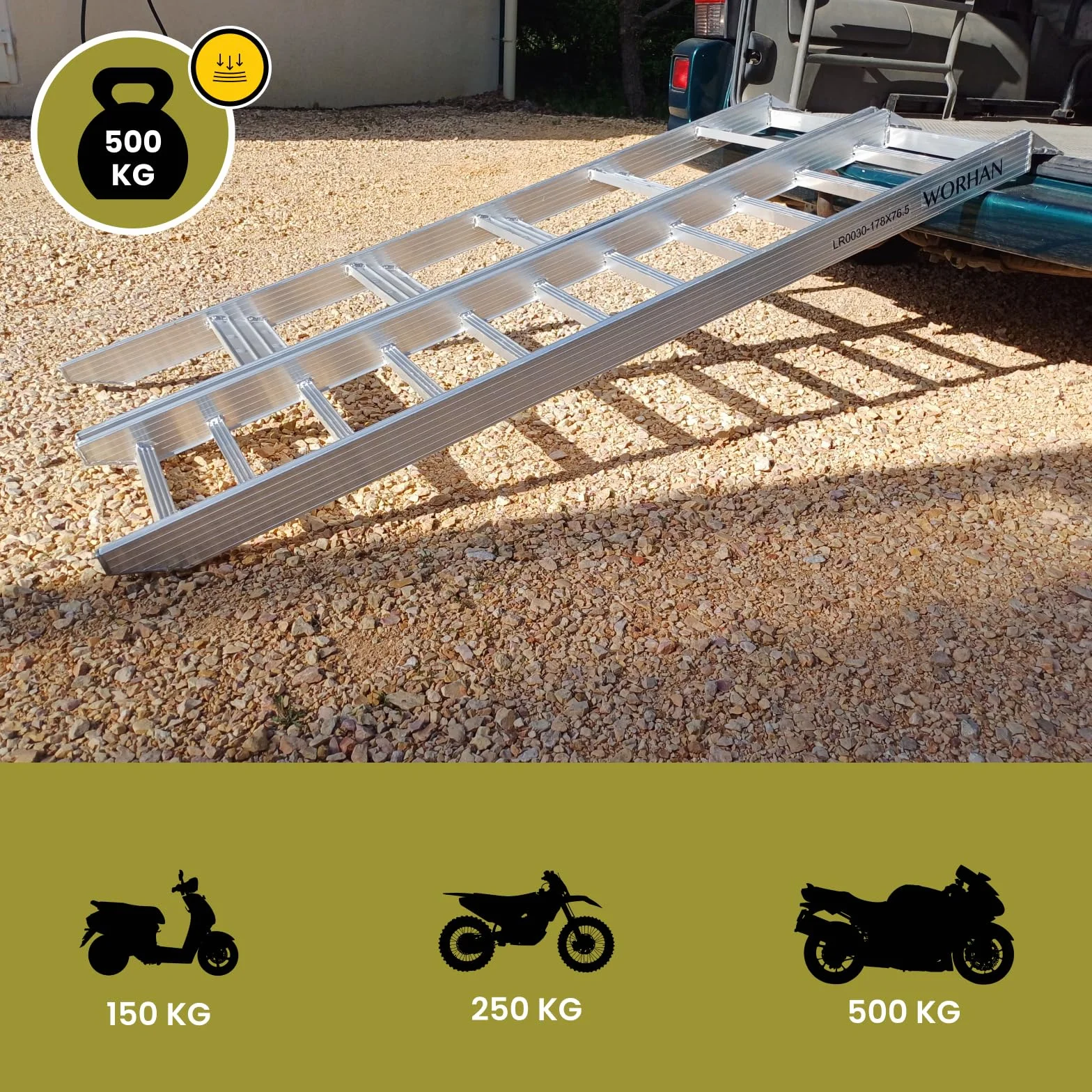 Rampa motocyklowa, 180 cm, bezpieczna rampa do załadunku, składana, mocna, 500 kg, kompaktowa, lekka, z uchwytem do noszenia MR6EUR