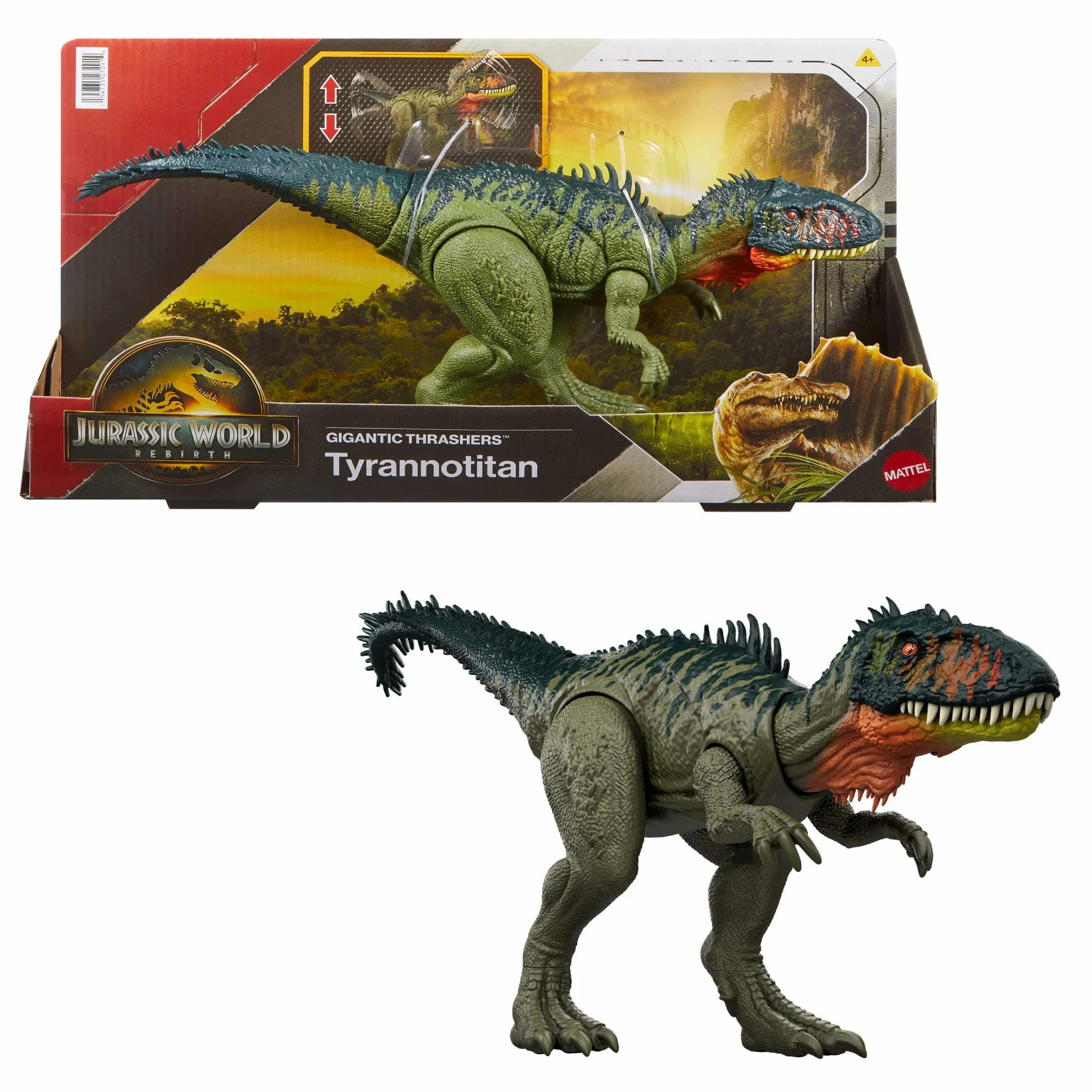 Mattel, Jurassic World: Odrodzenie Tyranotytan Dinozaur Gigantyczny atak Figurka dinozaura z 2 atakami aktywowanymi ogonem, zabawka dinozaur dla dzieci, zabawa realna i wirtualna, JCL75