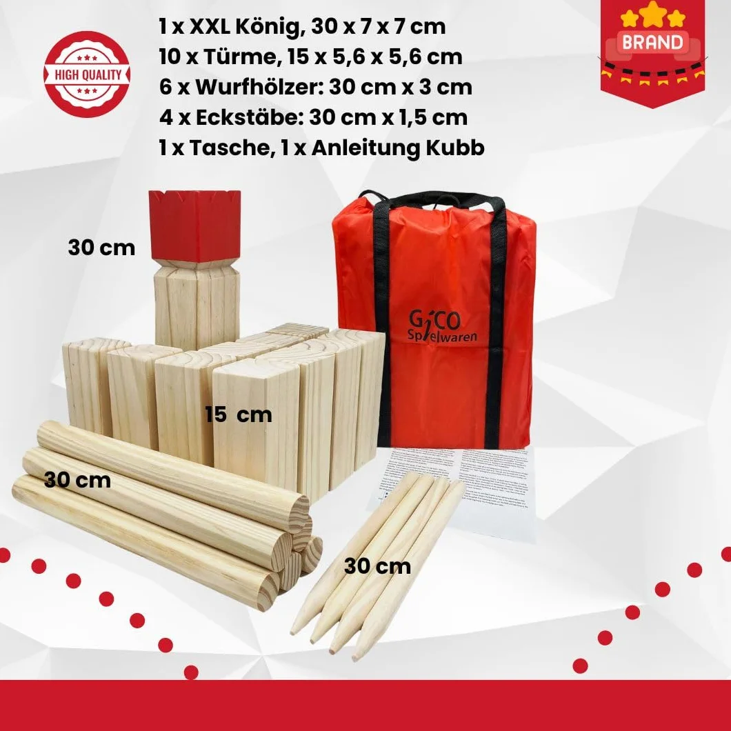 GICO Kubb 3263 zestaw do zabawy, gra Wikingów, król 30 x 7 x 7 – wysokiej jakości duża gra outdoorowa z litego drewna z torbą transportową