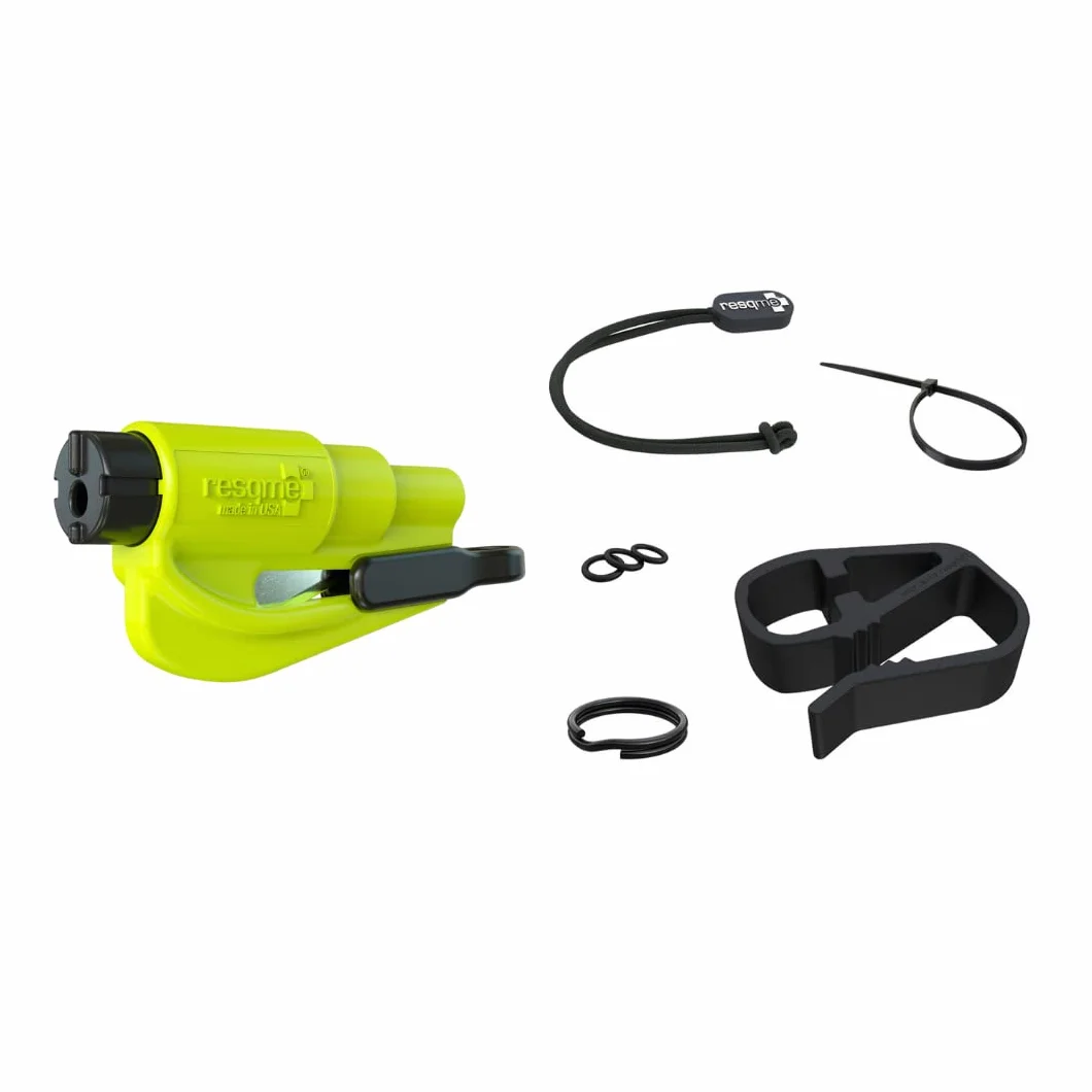 resqme Accessory Pack The Original Emergency Keychain Car Escape Tool, 2-in-1 Seatbelt Cutter and Window Breaker, Made in USA With Visor Clip, Lanyard, Keyring and Cable Tie - Yellow
