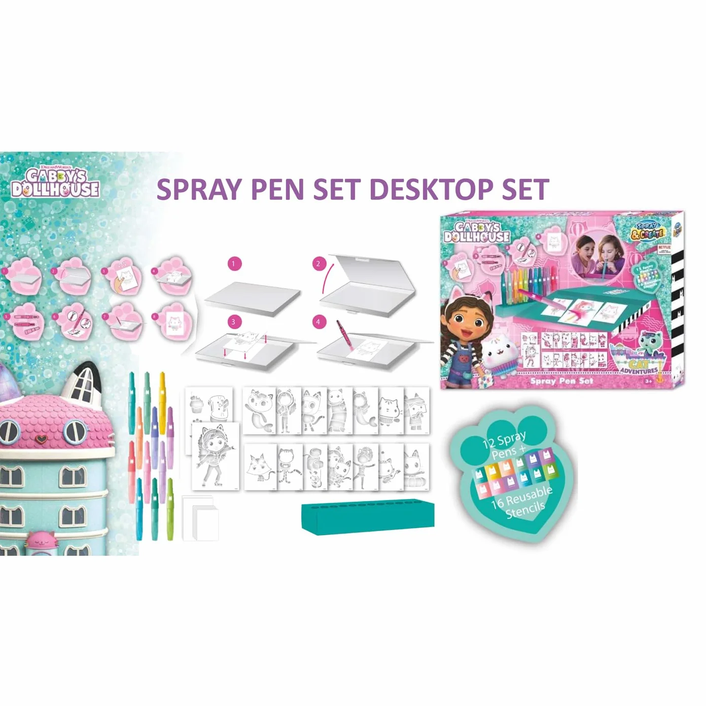 Gabby's Dollhouse - Zestaw pisaków w sprayu – kredki dla dzieci – zestaw do malowania z kolorowymi kredkami i szablonami do malowania, 1 stück (1er Pack), GD23368, wielokolorowa