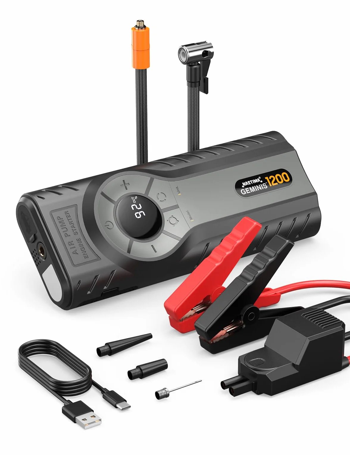 NASTIMA Rozrusznik samochodowy Powerbank ze sprężarką powietrza 4w1 QC18W do silnika benzynowego 8L 6L latarka LED