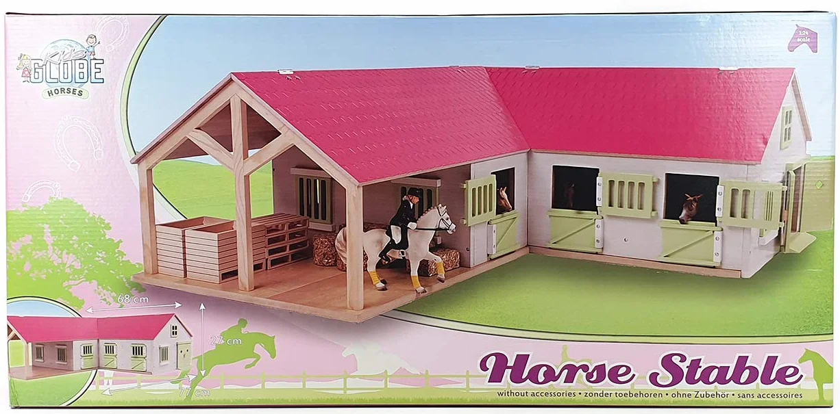 Kids Globe Farming Riding Farm Pink Farm Horse Stable Wooden 1:24 with 3 Boxes Toy Horse Farm with Practical Folding Roof, for All Standard Animal Figures 610210