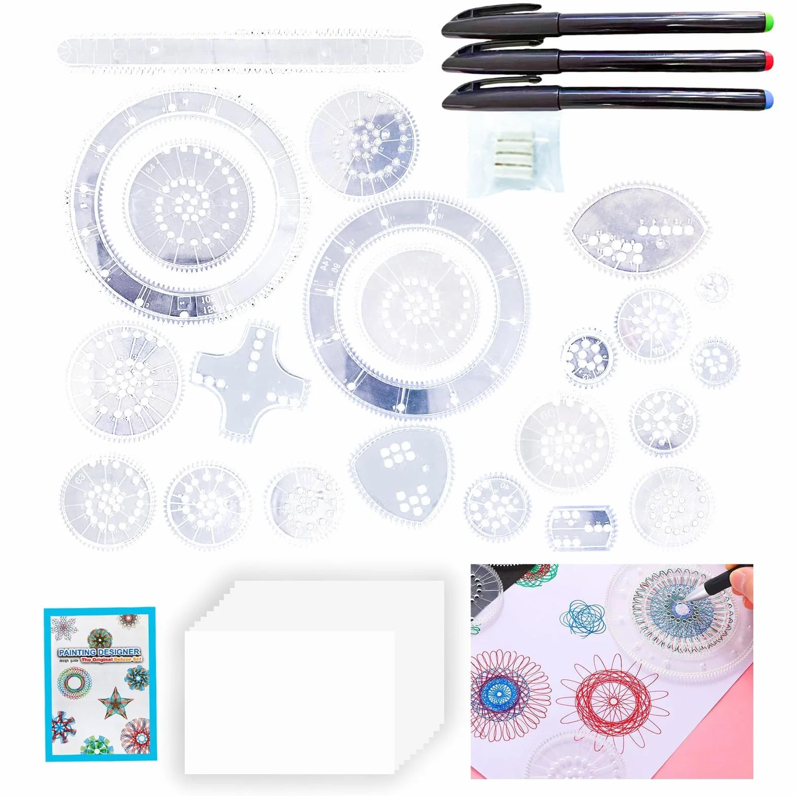 Wafuesh Spiral Designer, 26-częściowy wielofunkcyjny zestaw spiralny do kreatywnego rysowania, kolorowe szablony do malowania dla dzieci i dorosłych, dla artystów, szablonów spiralnych okręgów