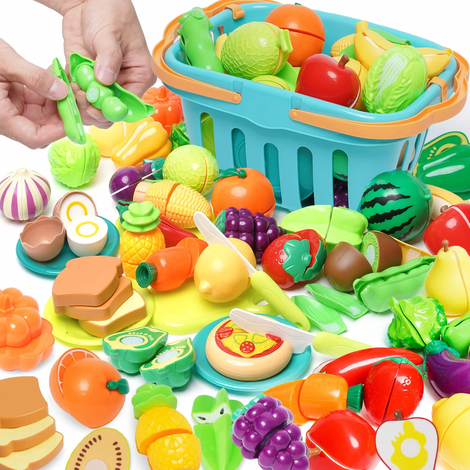 75 szt. zabawka do krojenia jedzenia dla dzieci, kuchnia, udawanie owocek i warzyw, akcesoria z koszem, plastikowe mini naczynia i nóż, zabawka edukacyjna