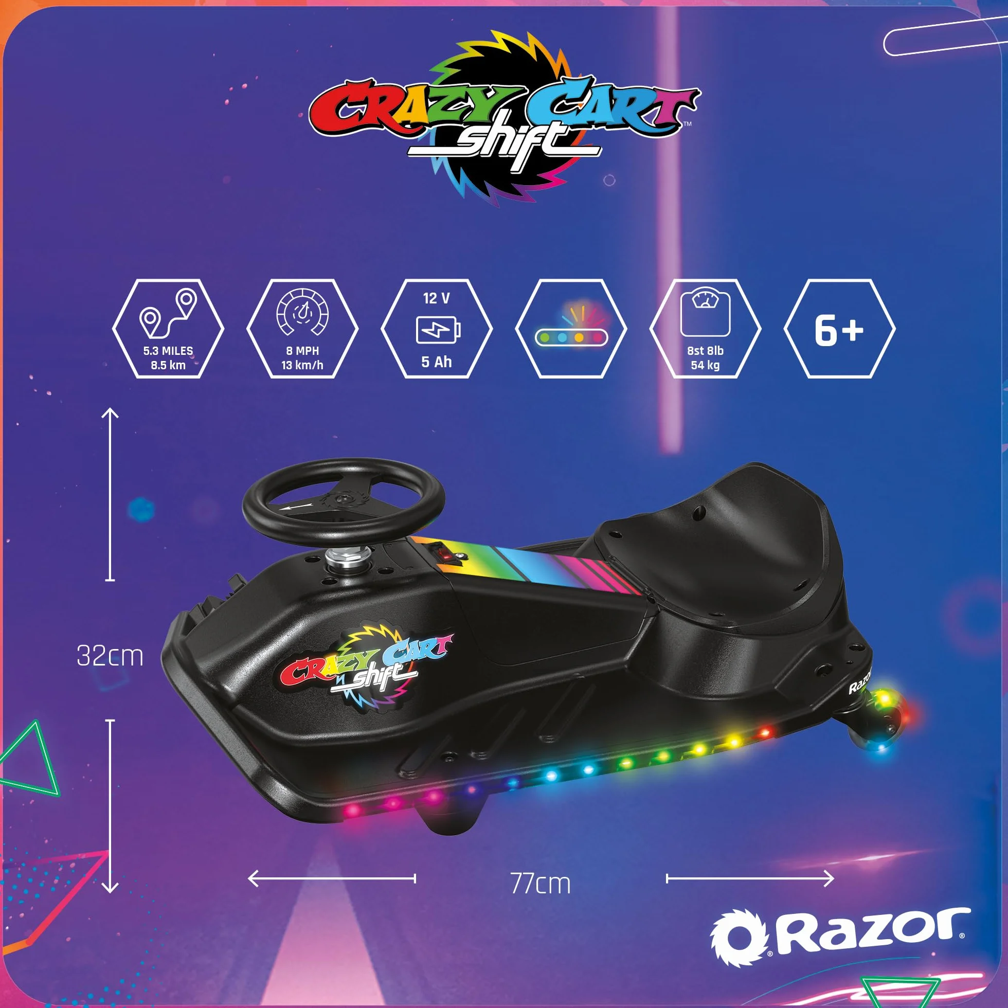 Razor Uniseks - Dzieci Crazy Cart Shift Lightshow 20173805 Gokart dla Dzieci, Czarny