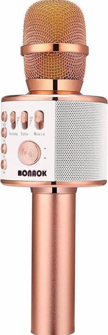 Bluetooth Karaoke Mikrofon Kinder, BONAOK Drahtlose Dynamisches Mikrofon mit Lautsprecher, Familie Party Podcast Auto Bluetooth Mikrofon Kabellos, Kompatibel mit Android/IOS(Rose Gold)