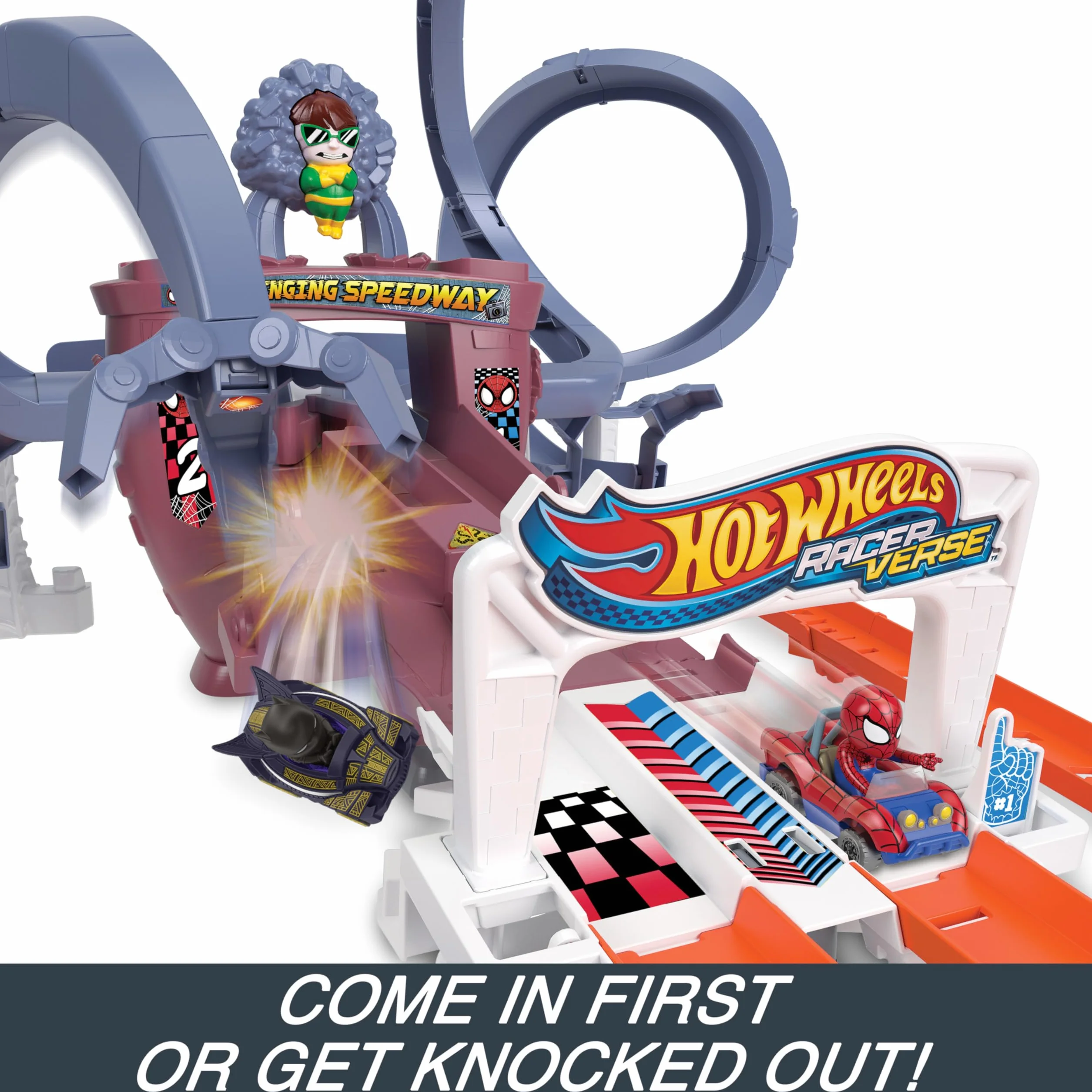 HOT WHEELS RaceVerse Spider-Mans tor wyścigowy z wirówką, 1 x Spider-Gwen i 1 x pojazd Spiderman Die-Cast, szybki start, dla dzieci od 4 lat, HPL34