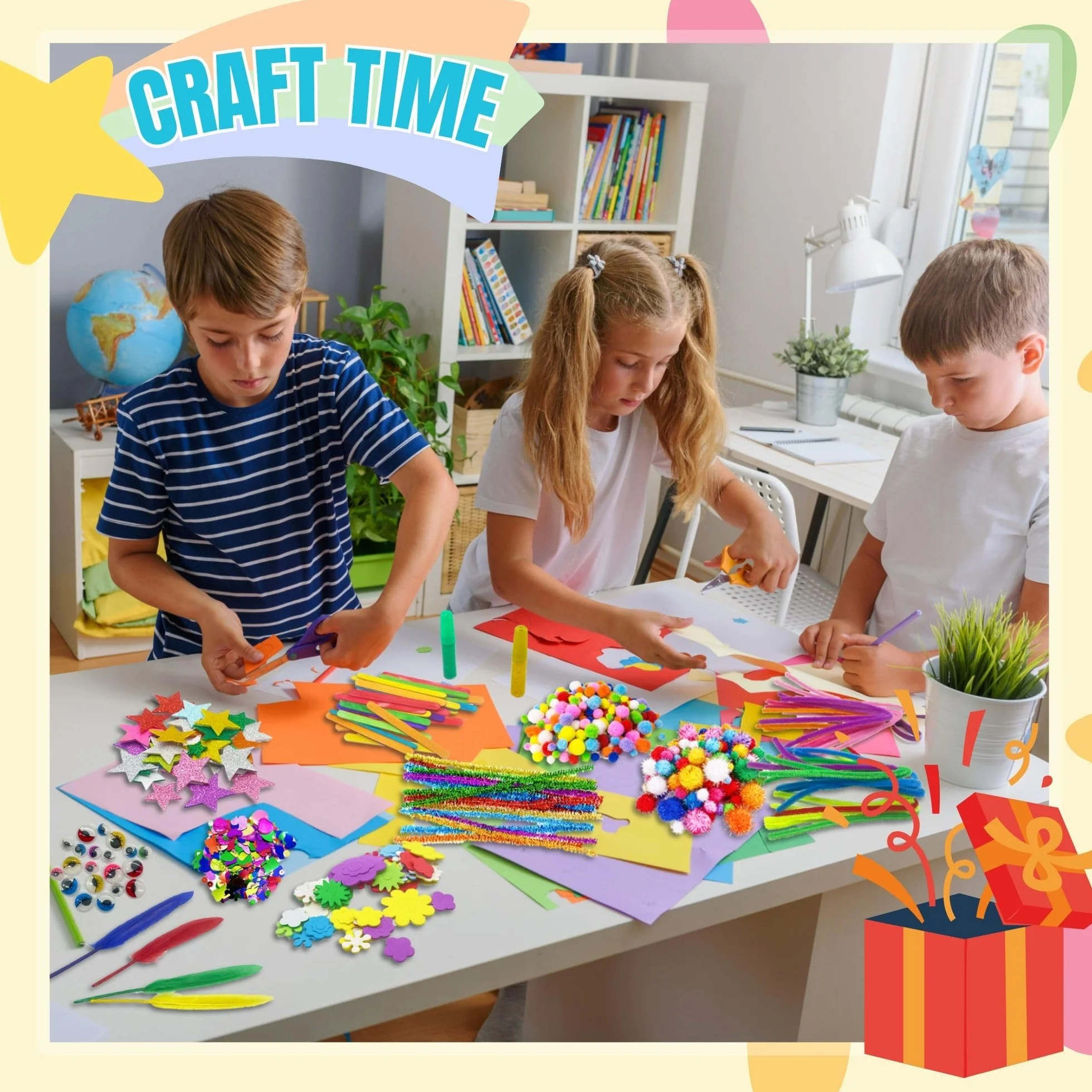 Lubibi Walizka do majsterkowania dla dzieci, zestaw do majsterkowania DIY, zestaw materiałów do majsterkowania z wyciorem do fajki, pomponami, kulkami, materiałami do scrapbookingu, kreatywne