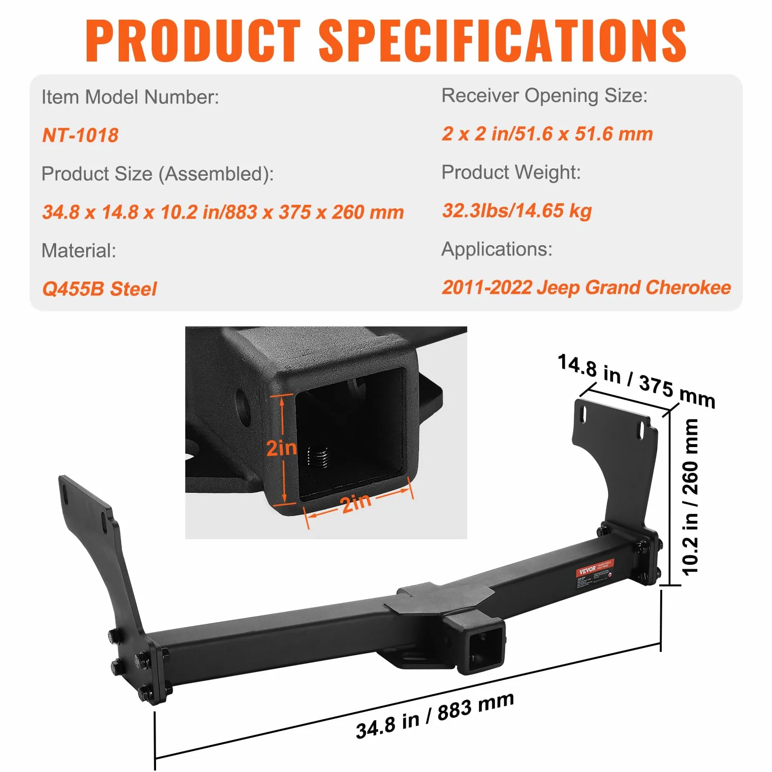 VEVOR Zaczep holowniczy klasy 3, odbiornik 5.1 cm, stalowa rama rurowa Q455B, kompatybilny z Jeep Grand Cherokee 2011-2023