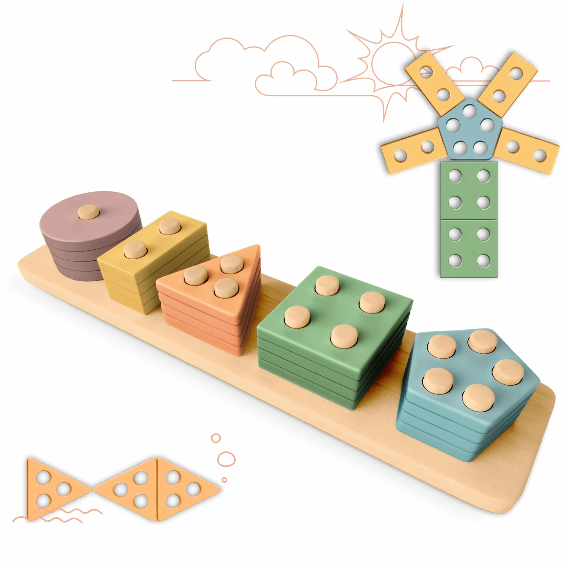 Sweety Fox Zabawki Montessori do Układania i Sortowania 1 2 3 Lata - Zabawka Aktywności i Rozwoju z Pastelowymi Kolorami Drewna - Zabawki Montessori dla Maluchów 1 rok