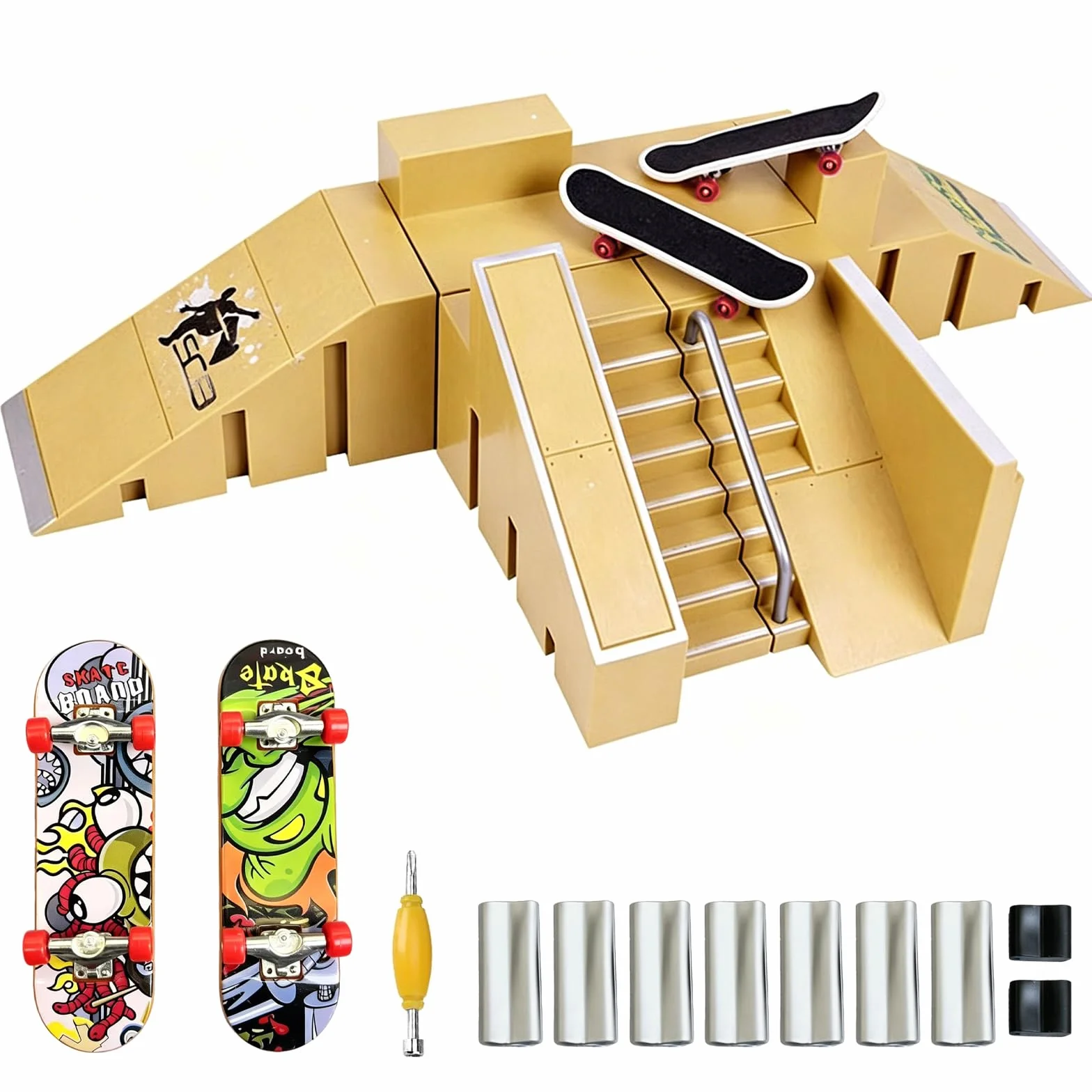 Zestaw 5 w 1 Finger Skate Park Kit, Samodzielny montaż Zestaw rampy na podstrunnicę, Mini Skate Park Deck, na Desktop Skate Park, Edukacyjne Zabawki Finger Prezent