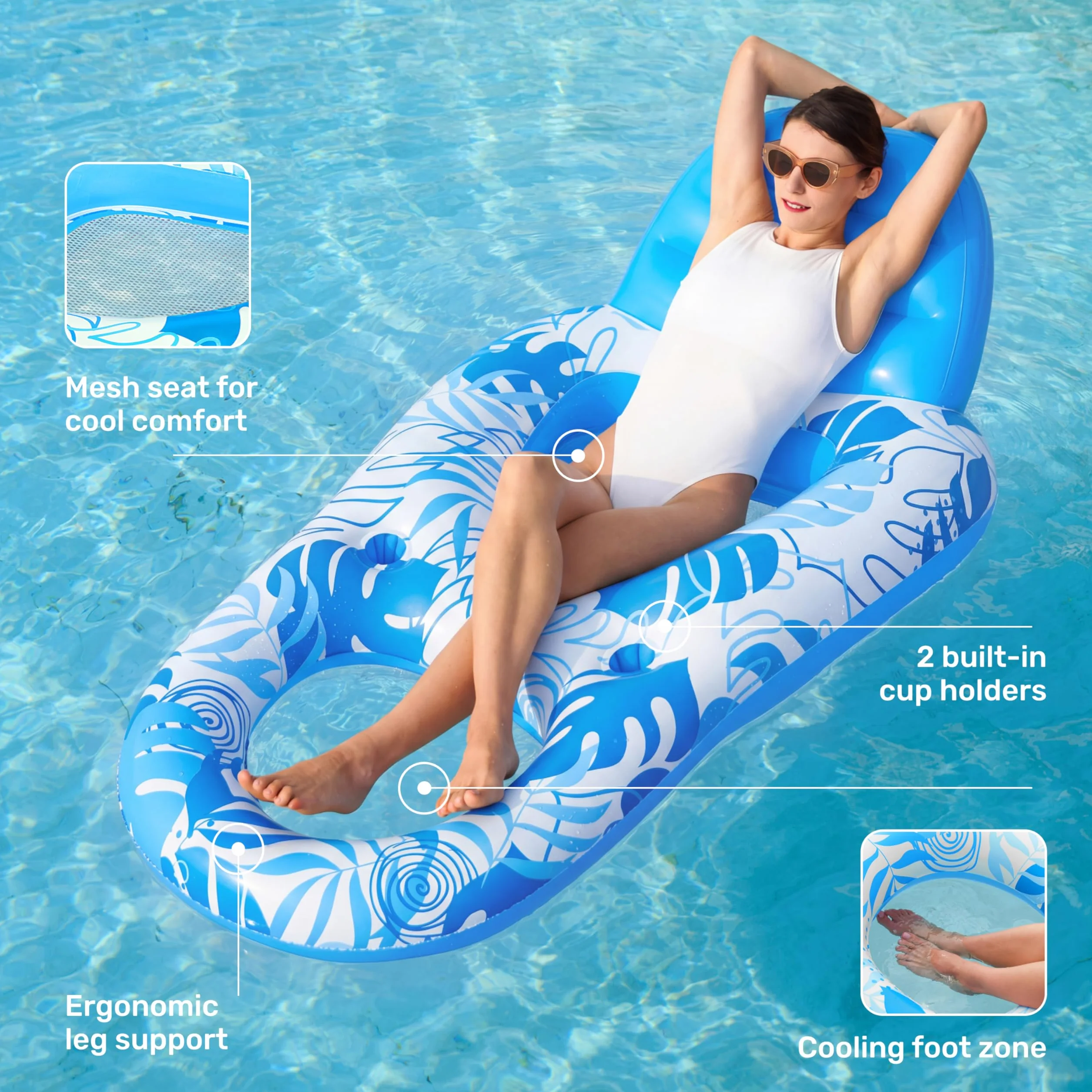 Sloosh Basen Lounge Float dla dorosłych, nadmuchiwany basen pływacki leżak pływający leżak pływający krzesło z uchwytami na kubki podnóżek pływak basen pływacki