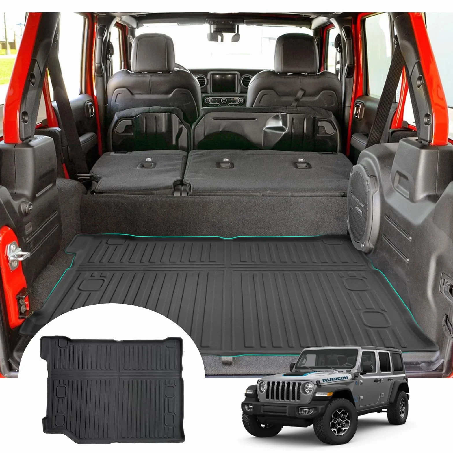 GAFAT J eep Wrangler JL 4XE Plug-in Hybrid 2021-2024 2025 mata do bagażnika, łatwa do złożenia, 4 x TPE mata do bagażnika na każdą pogodę, oryginalna, skanowanie 3D, wysoka krawędź, wielofunkcyjna,