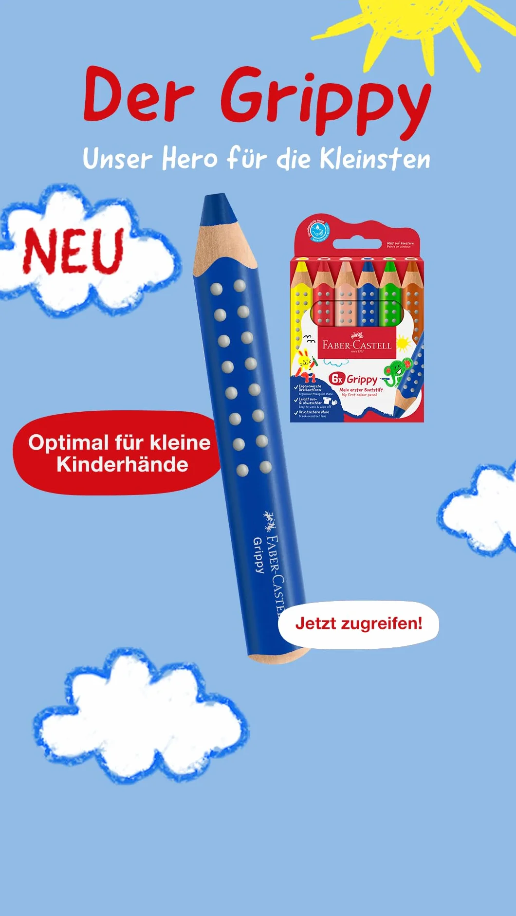 FABER-CASTELL 181790 – szpiczasta puszka Grippy z zabezpieczeniem przed cięciem, niebieska temperówka z pojemnikiem