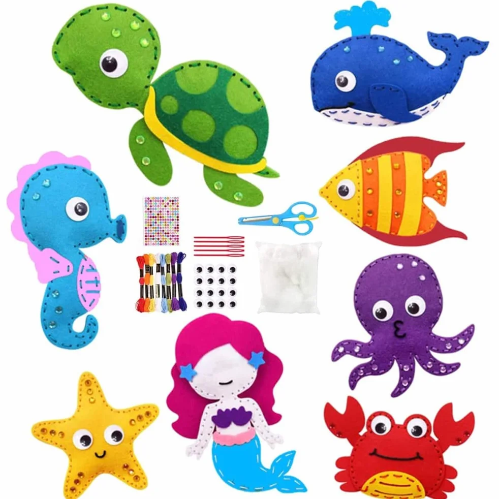 WBTY Filcowy zestaw rzemieślniczy do szycia dla dzieci, zwierzęta oceaniczne, DIY, rękodzieło artystyczne, zestaw filcowy, zestaw do szycia dla początkujących dla chłopców