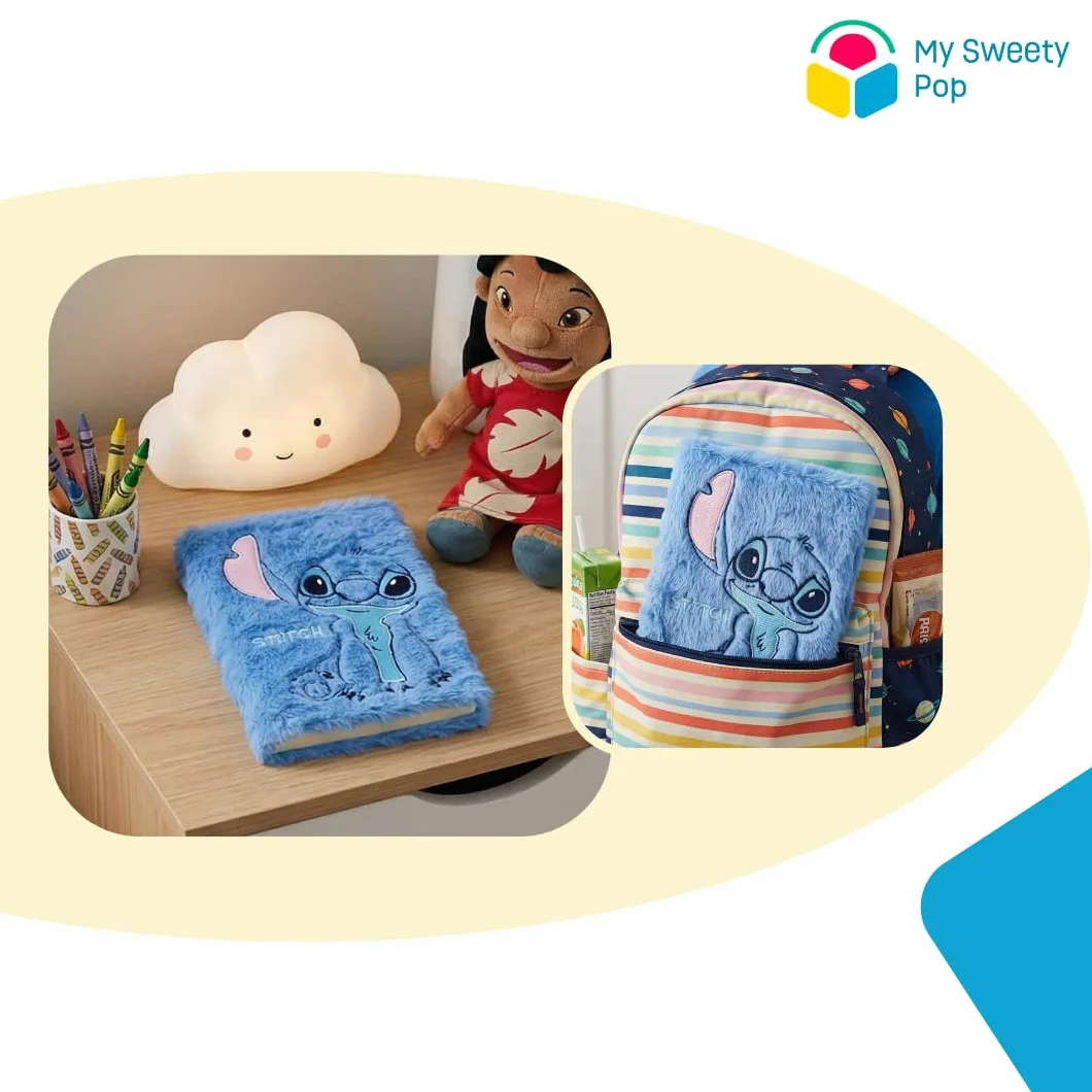 Notatnik Stitch Disney, pamiętnik intymny, pluszowy, niebieski, futrzany, format A5, dla dziewczynek i chłopców, artykuły szkolne i prezent urodzinowy dla dzieci