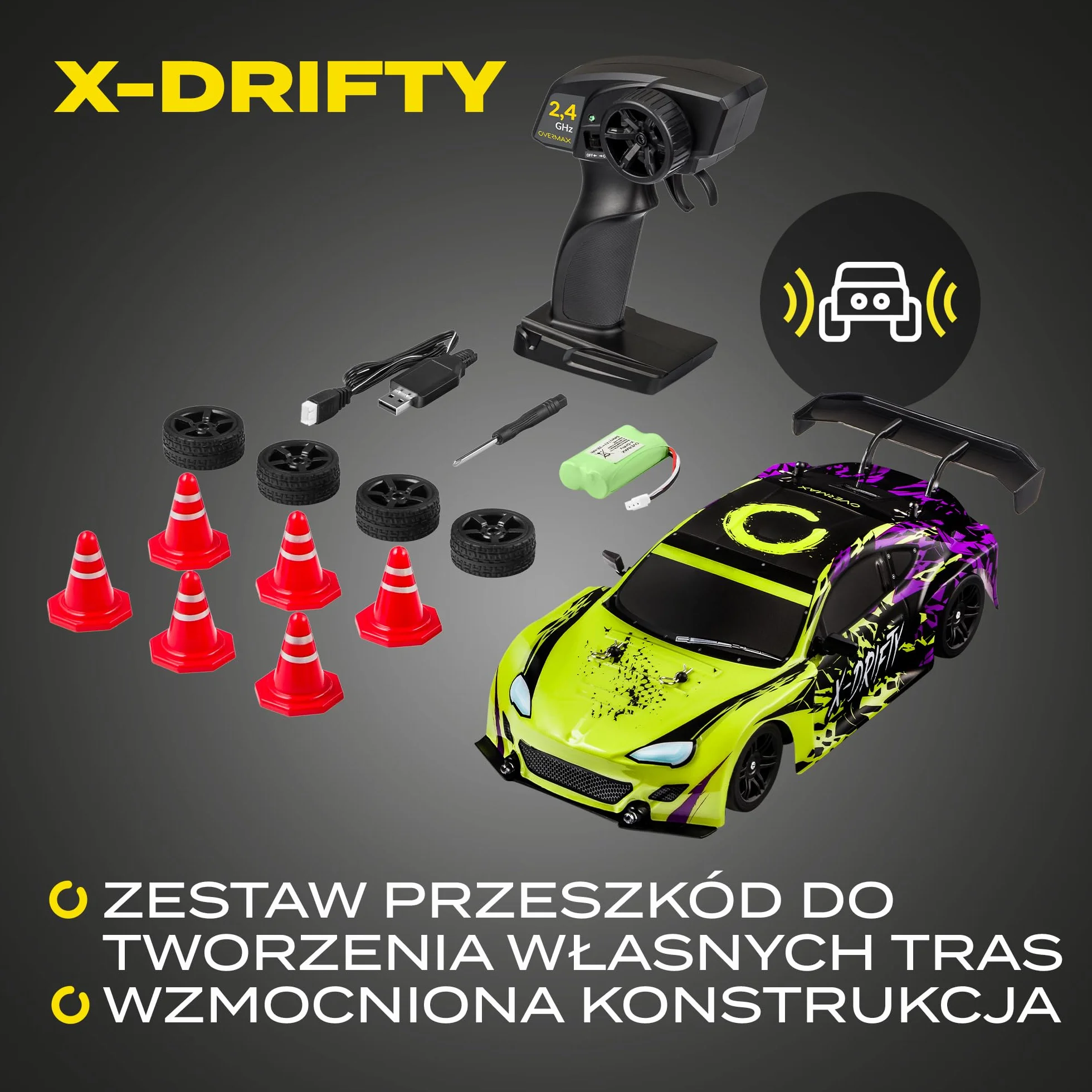 OVERMAX X-Drifty Zdalnie Sterowany Samochód RC dla Dzieci 3+, Auto do Driftu 1:16, 20 km/h, Zasięg do 80 m, napęd 4WD, 2 Baterie 500 mAh Zestaw Kół, Zestaw Przeszkód Naklejki