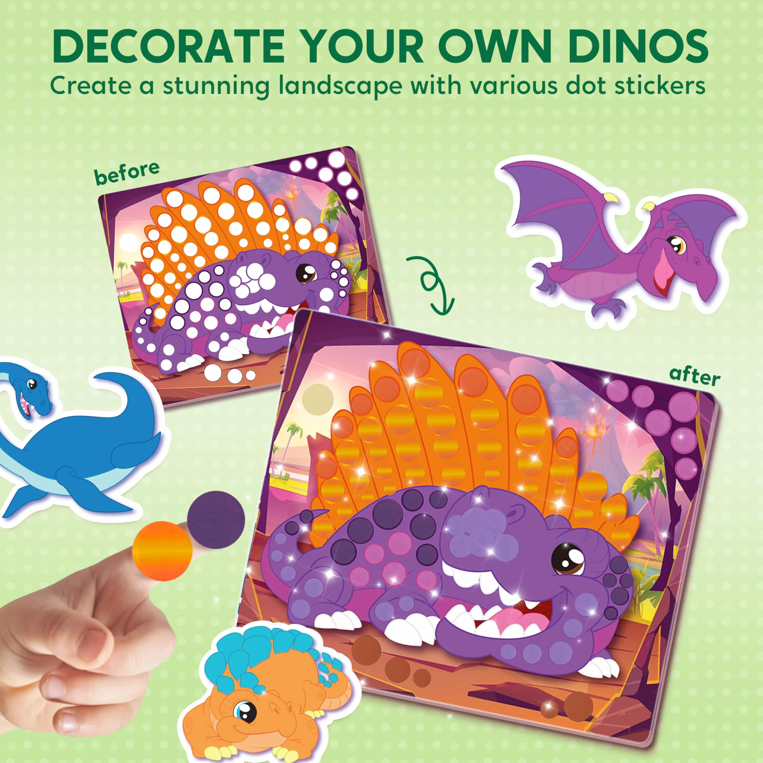Klever Kits Dot Art Aktywność, Dot It Dinozaur, zestaw naklejek do majsterkowania dla dzieci, zestaw DIY do majsterkowania, prezenty urodzinowe dla dzieci od 3+ lat, zabawka podróżna w samolocie