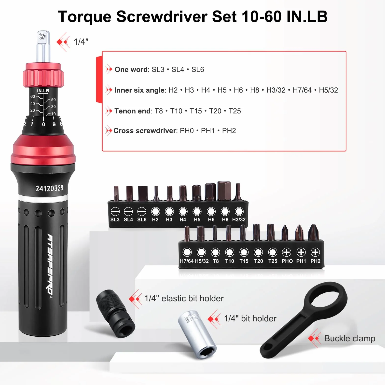 Zestaw śrubokrętów z momentem obrotowym 1/4" 10-60 in.lb (1,1-6,8 Nm) 22 precyzyjne bity płaskie sześciokątne Torx Philips