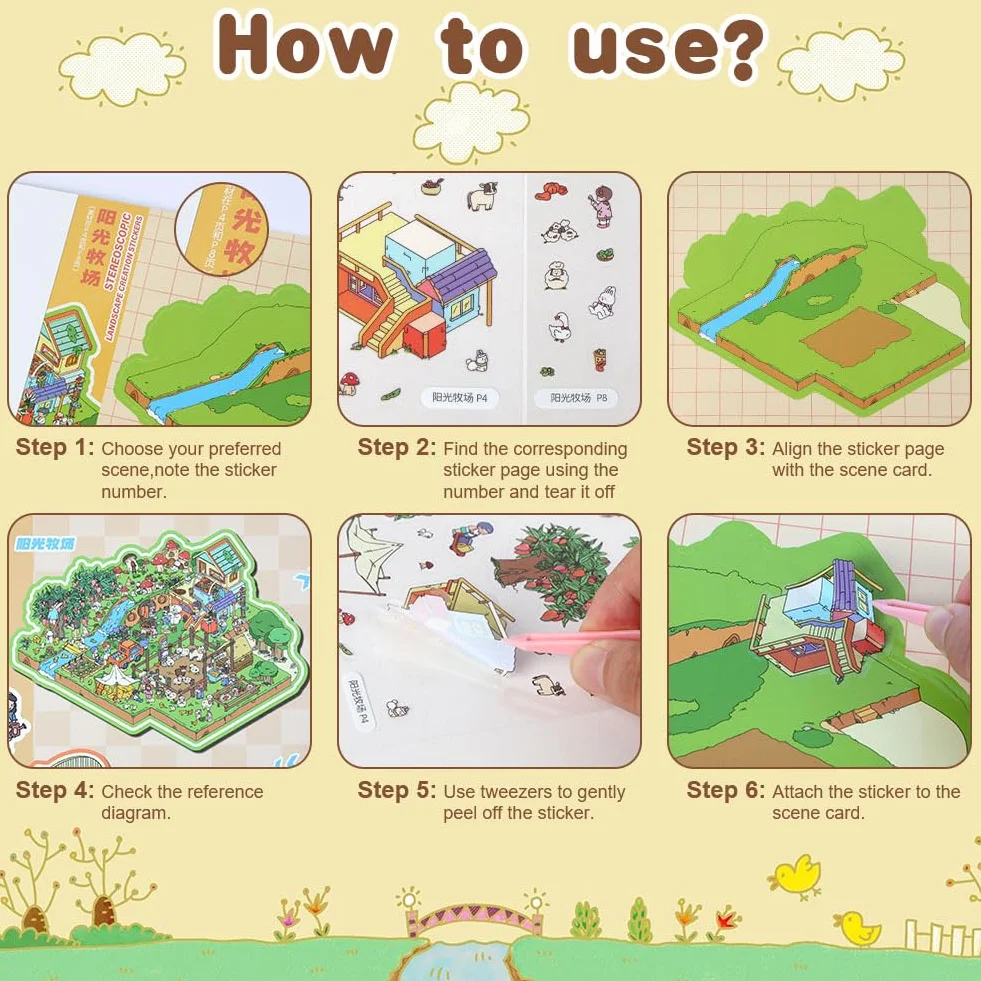 Vicloon Zestaw naklejek DIY domek 3D, 50 arkuszy nminiaturowe naklejki domowe 3D,urocze naklejki z kreskówkową scenerią dla dorosłych i dzieci do odprężenia i zabicia czasu,z pęsetą