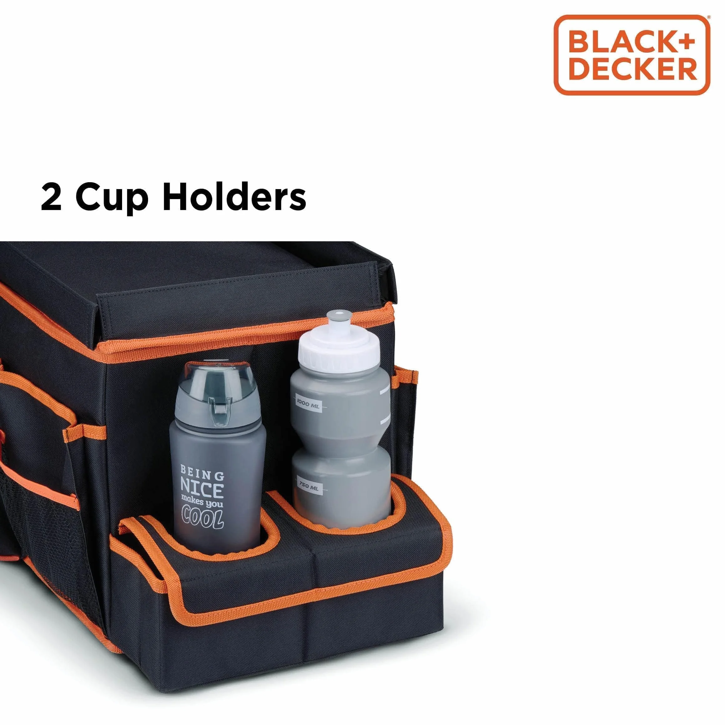 BLACK+DECKER Organizer do bagażnika 47,5x25x30 cm z paskiem do noszenia uchwyt na napoje szary pomarańczowy