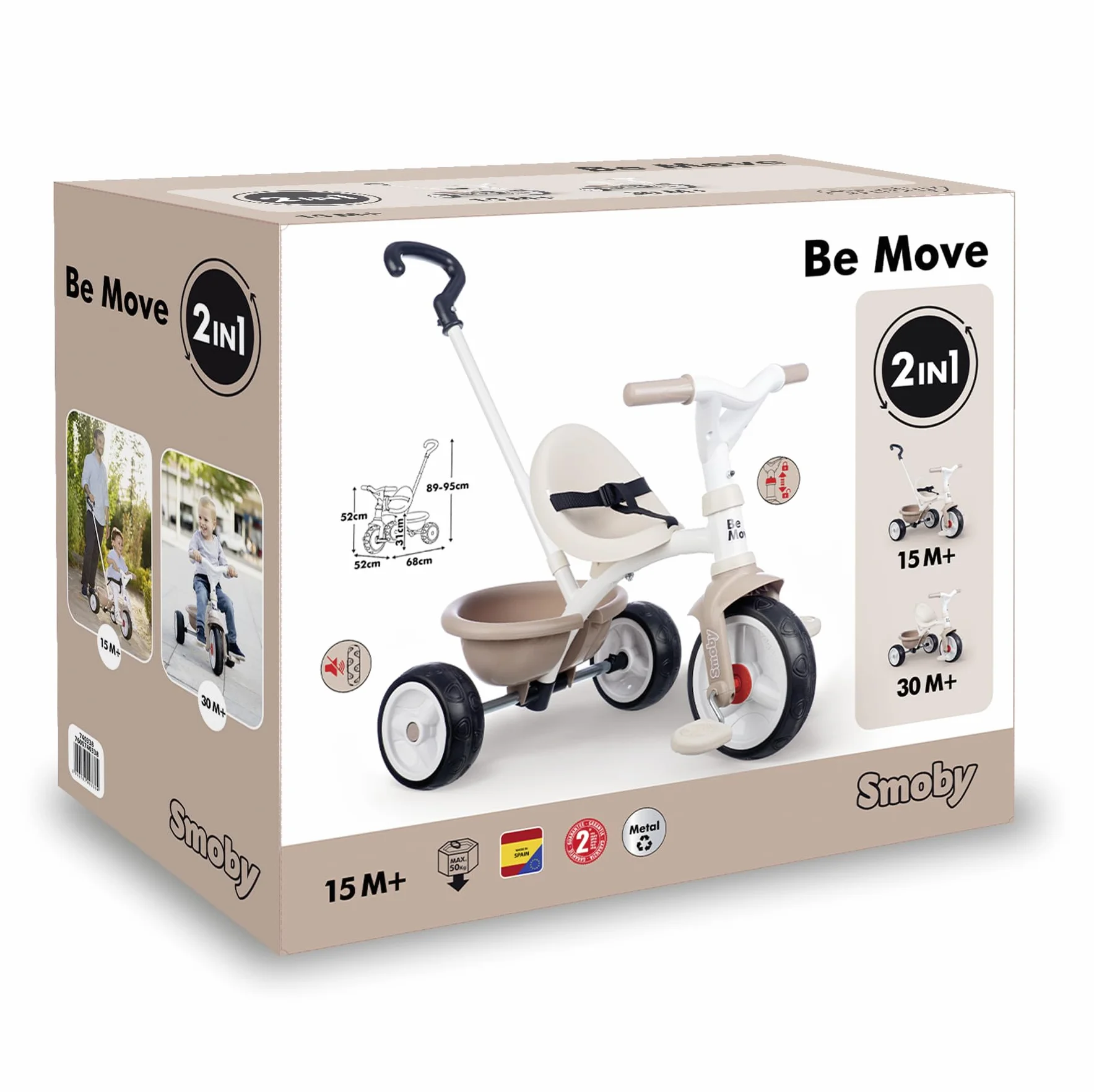 Smoby - Be Move Beige Tricycle - 2 w 1 Evolutionary - Pas bezpieczeństwa, rączka dla rodzica regulowana na 3 poziomach - Od 15 miesięcy do 4 lat - Wyprodukowano w Hiszpanii