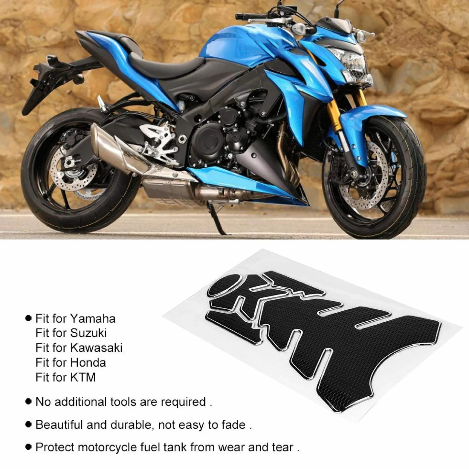Ochrona zbiornika paliwa motocykla 3D Naklejka ochronna czarna srebrna krawędź